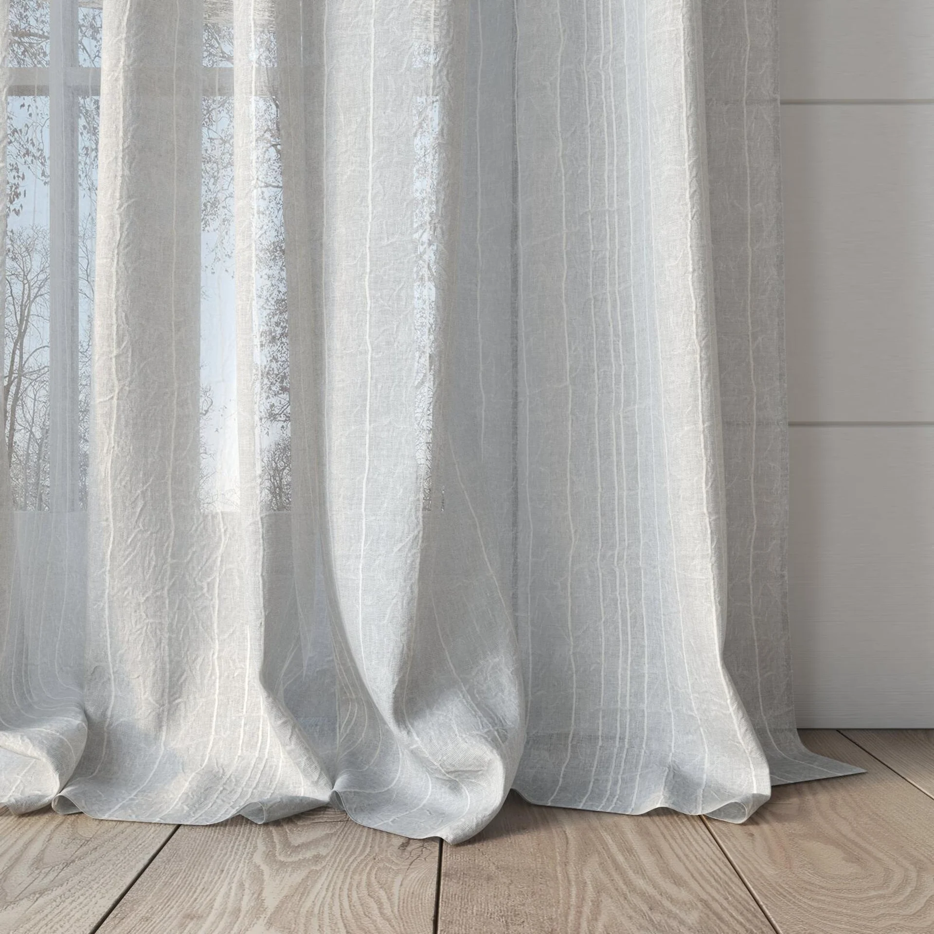 Bottom view of Mira Champagne, puddled, on curtain rod