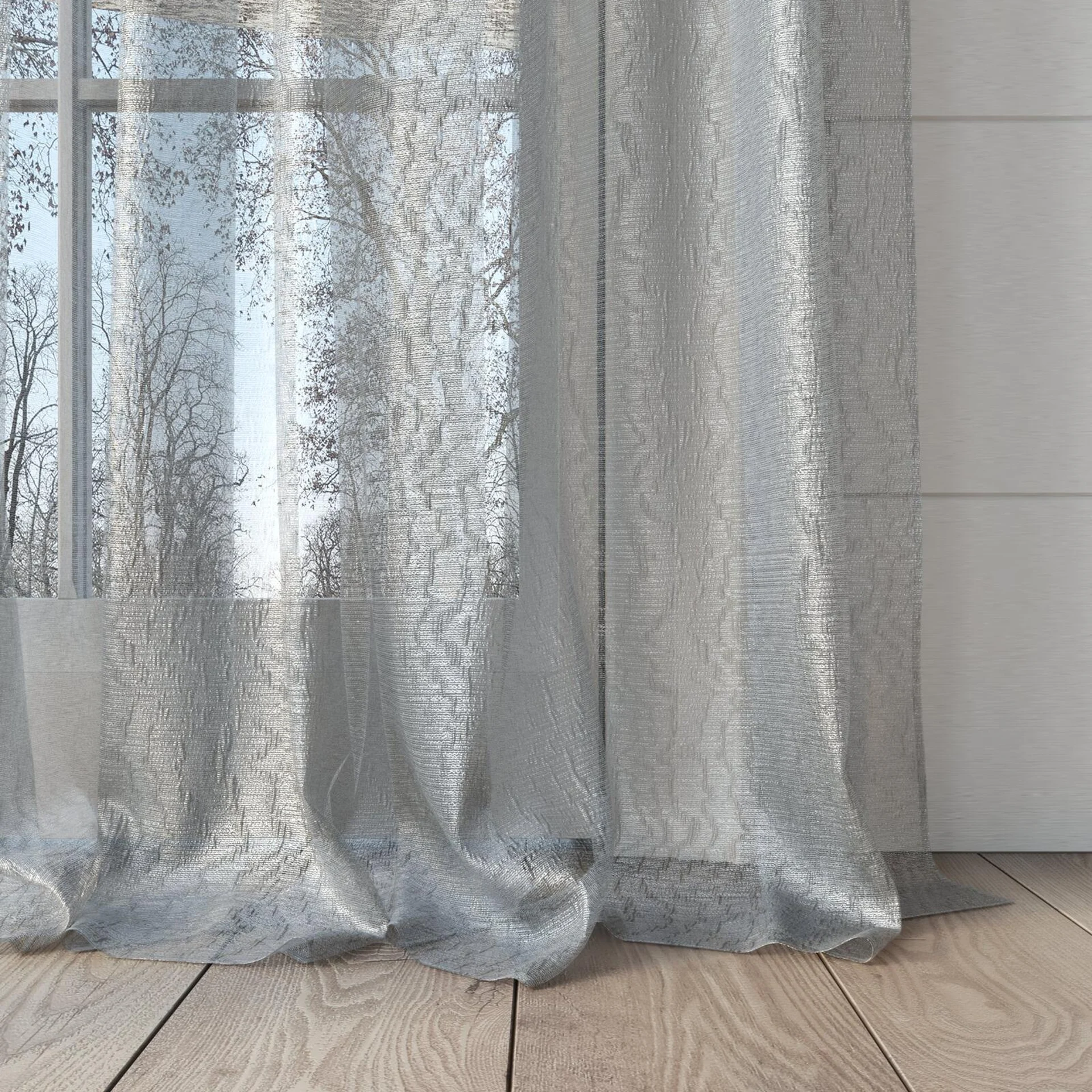 Bottom view of Jasmone Silver, puddled, on curtain rod