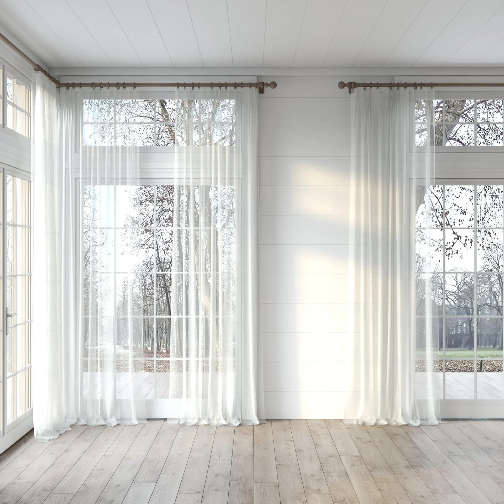 Full view of Pure Linen Smoke, puddled, on curtain rod
