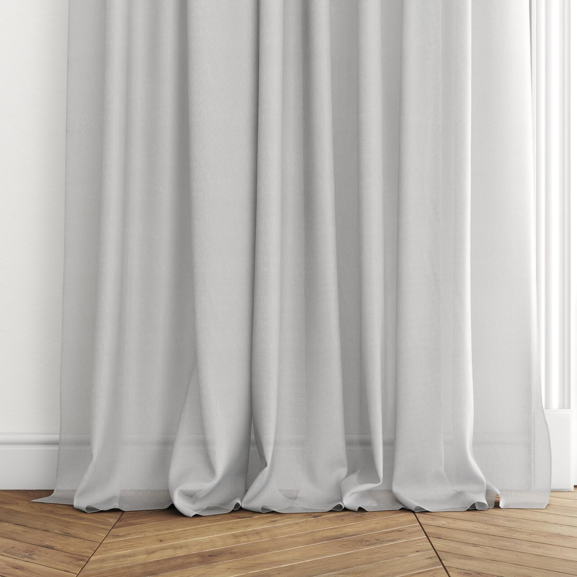 Bottom view of Jaba Swan, puddled with pinch pleat, on curtain rod