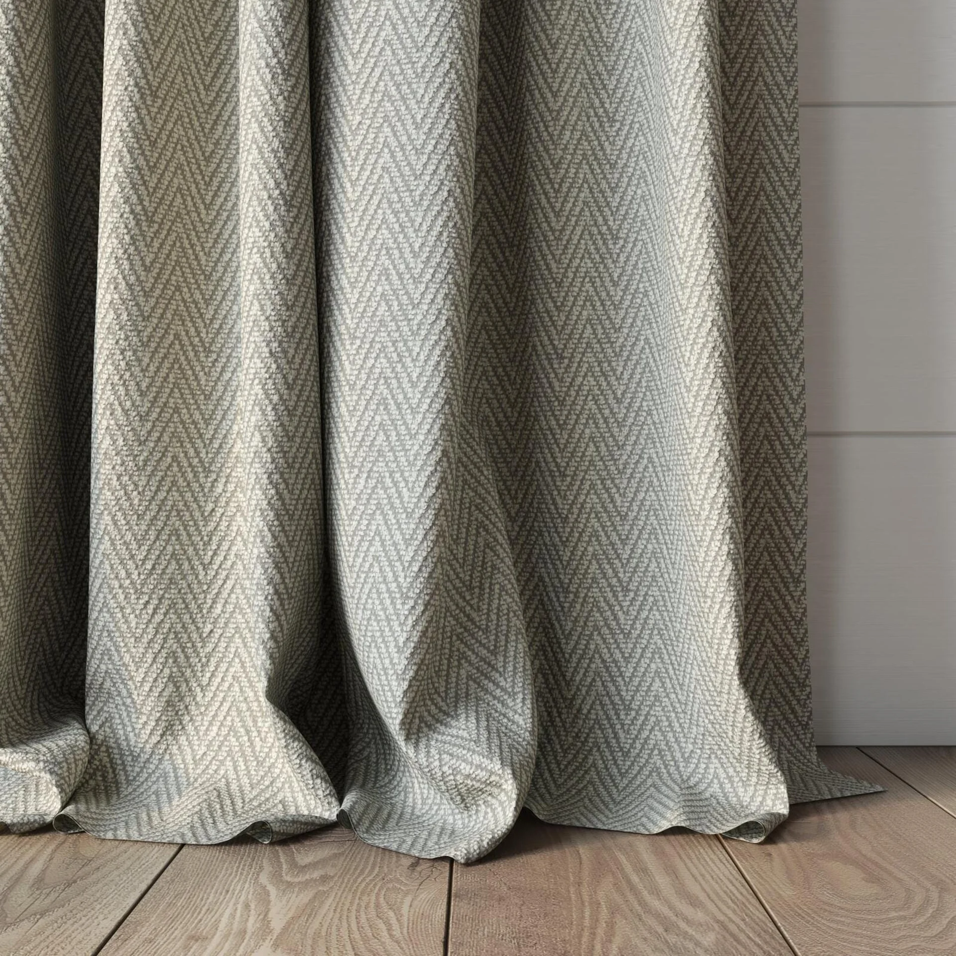 Bottom view of Saiph Linen, puddled, on curtain rod