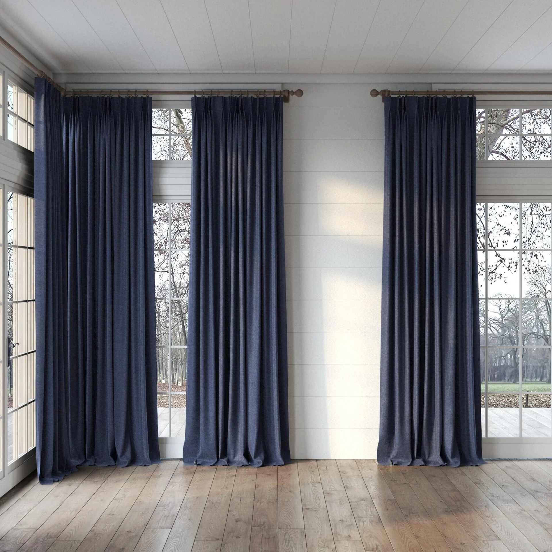 Full view of Brigadier Marine, puddled, on curtain rod