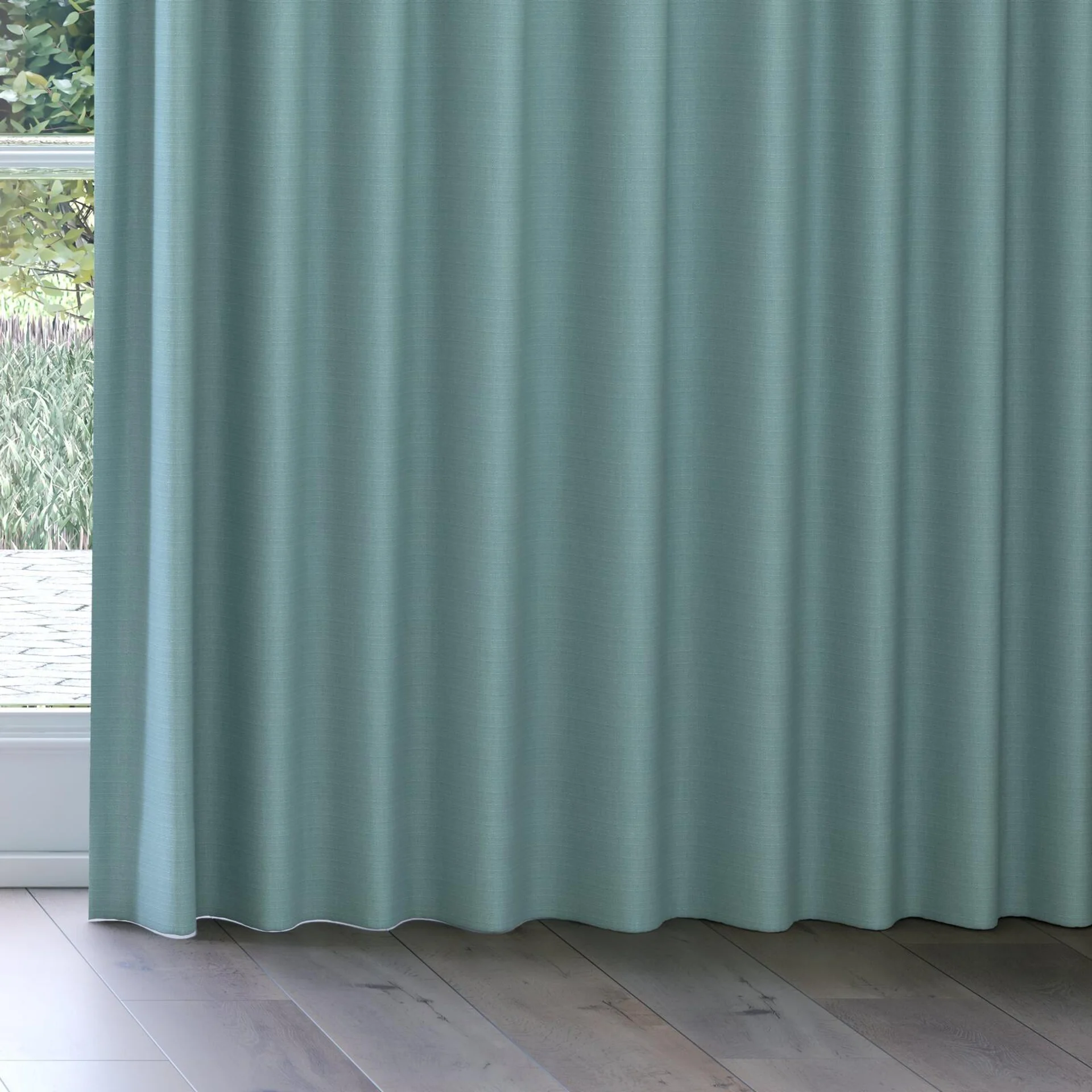 Bottom view of Darkness Aqua, on curtain rail