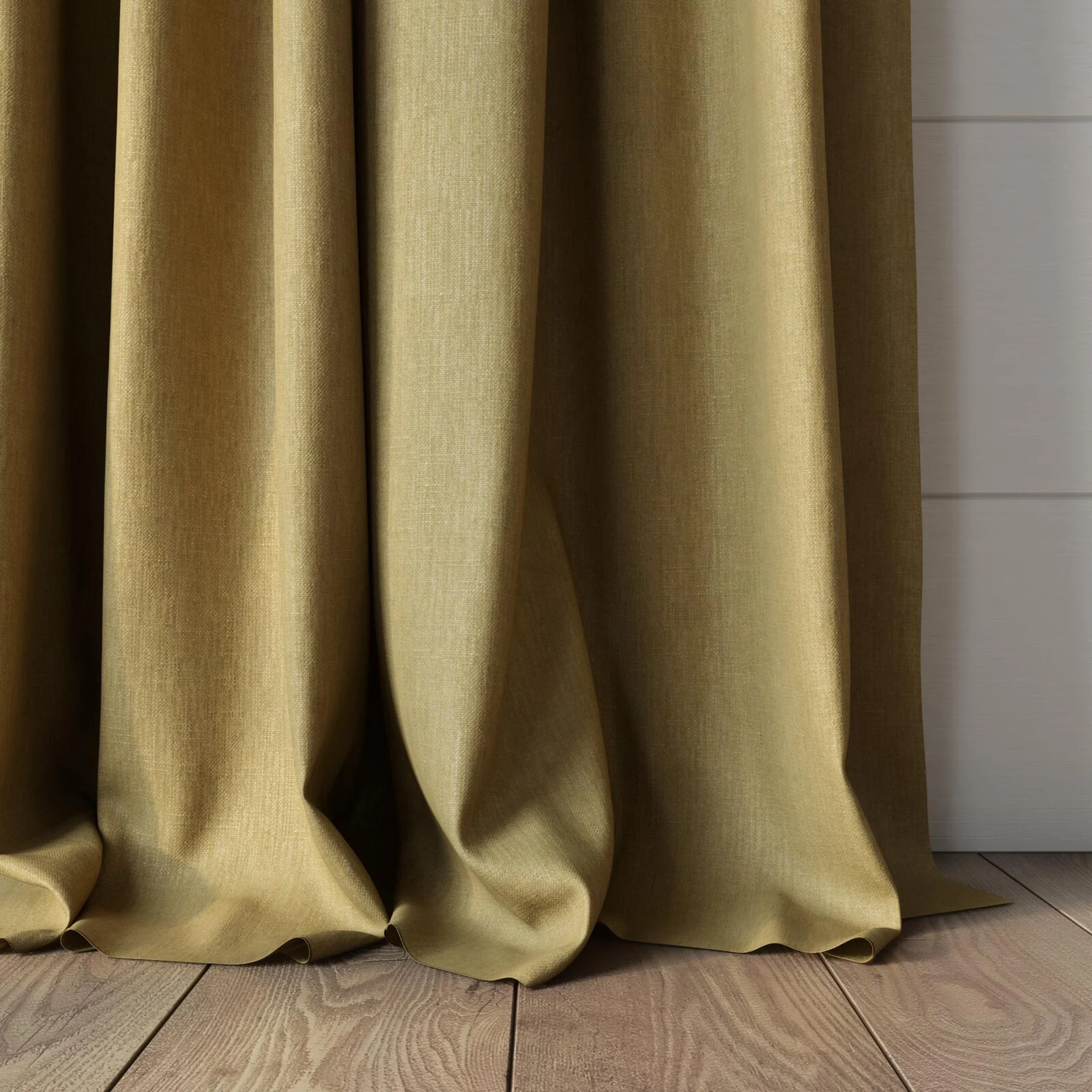 Bottom view of Rover Jute, puddled, on curtain rod