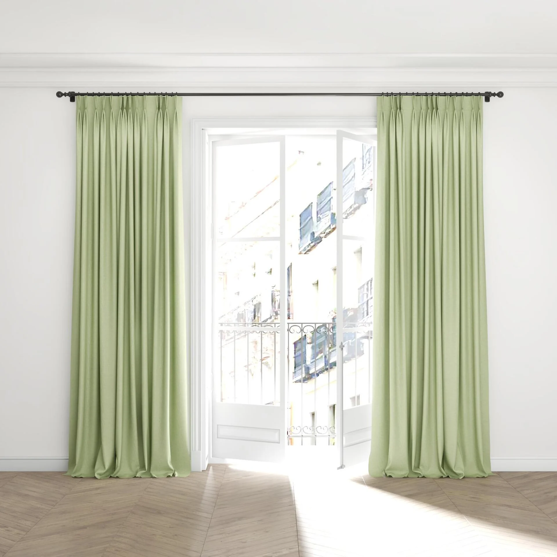 Full view of Casual Sage, puddled with pinch pleat, on curtain rod