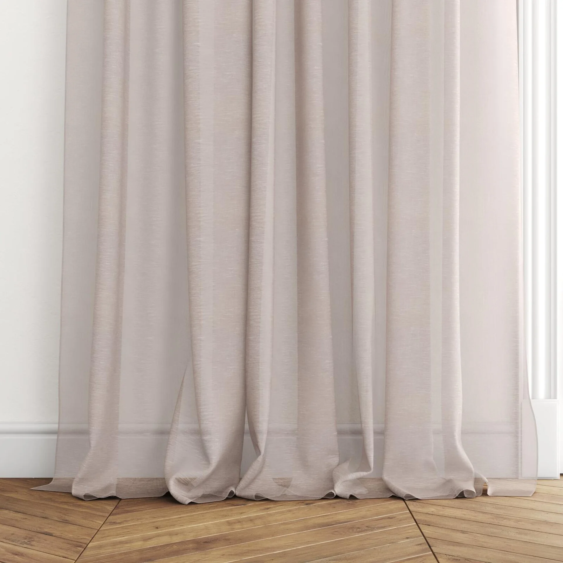 Bottom view of Locomotion Blush, puddled with pinch pleat, on curtain rod
