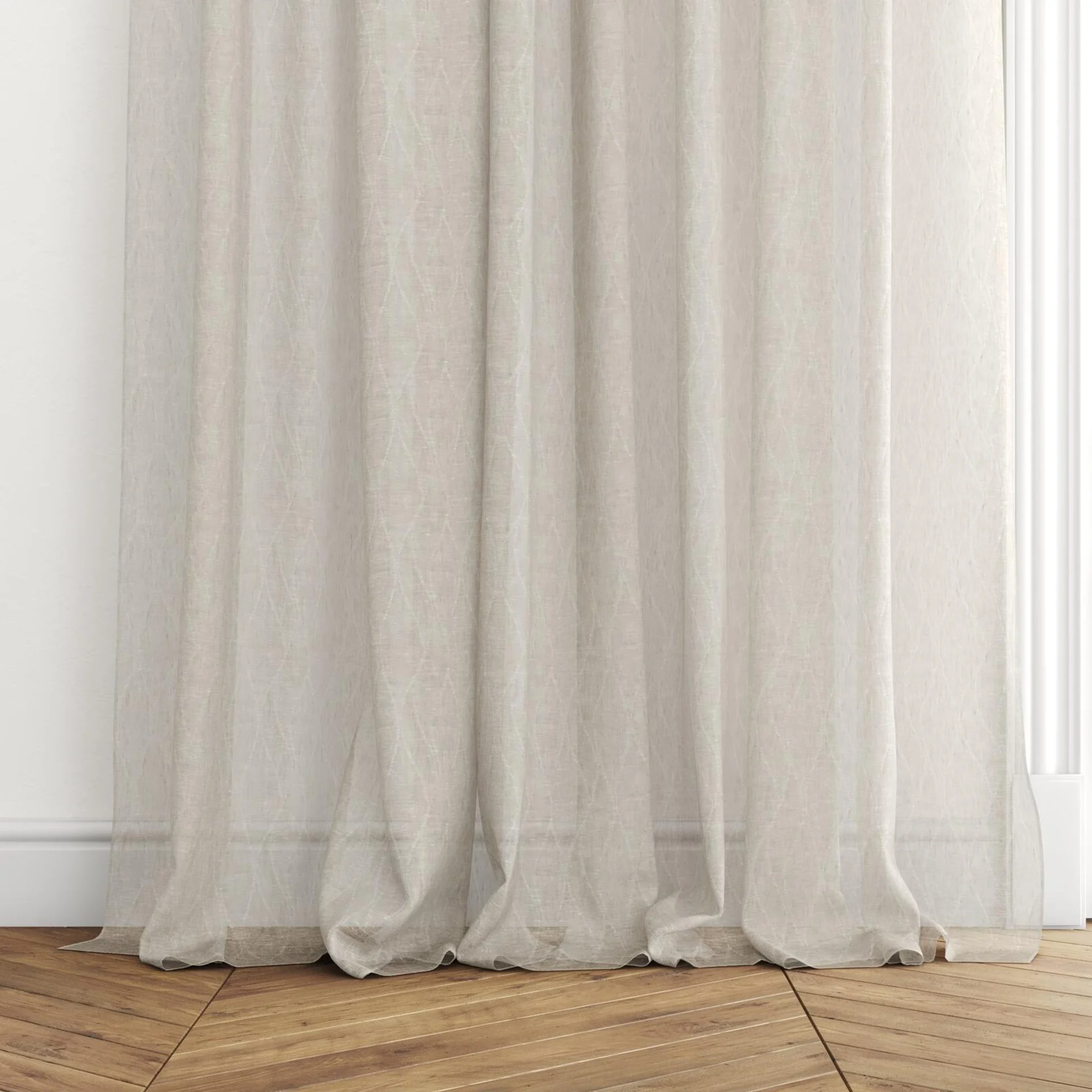 Bottom view of Henriette Raffia, puddled with pinch pleat, on curtain rod