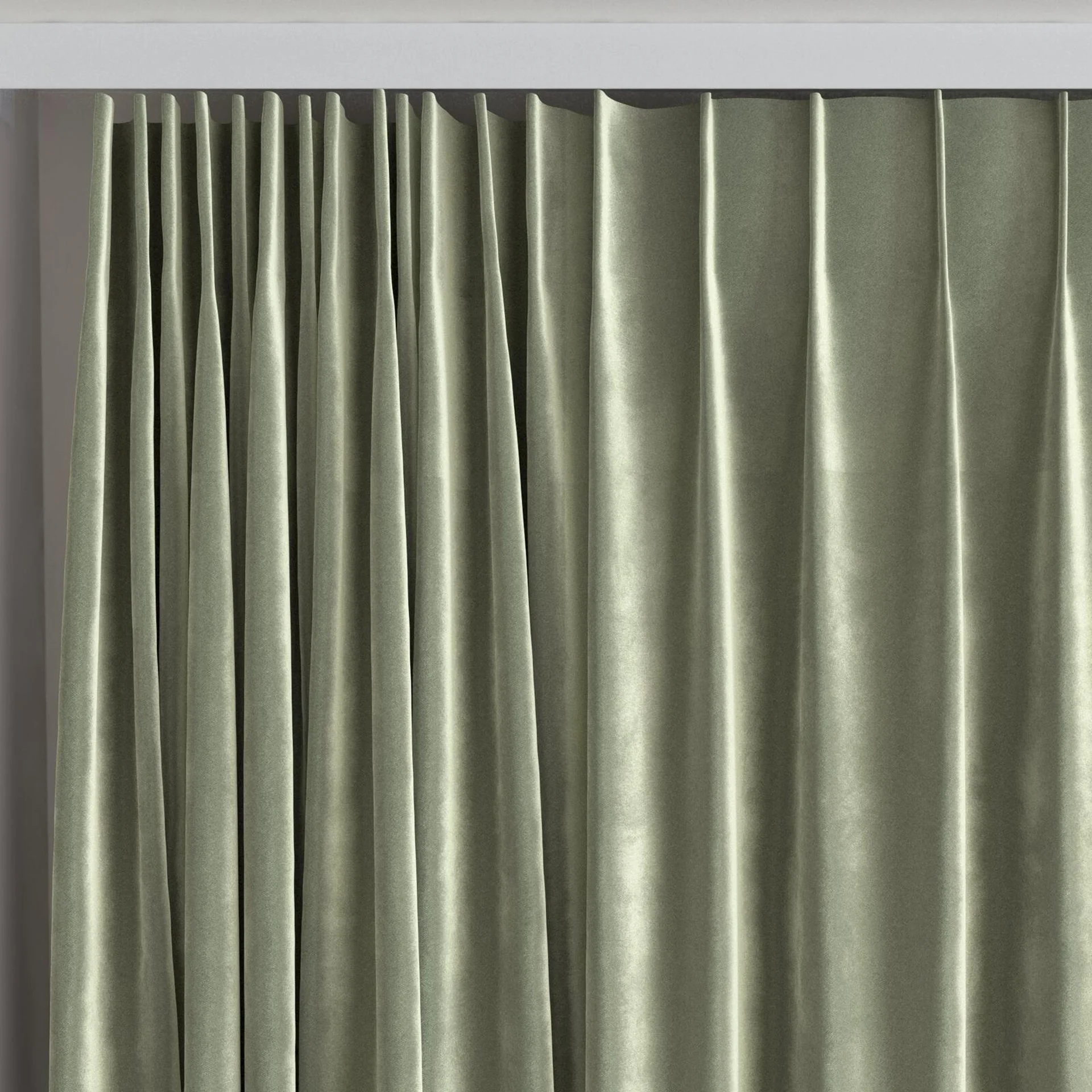 Top view of Velvelux Tarragon, on curtain rail