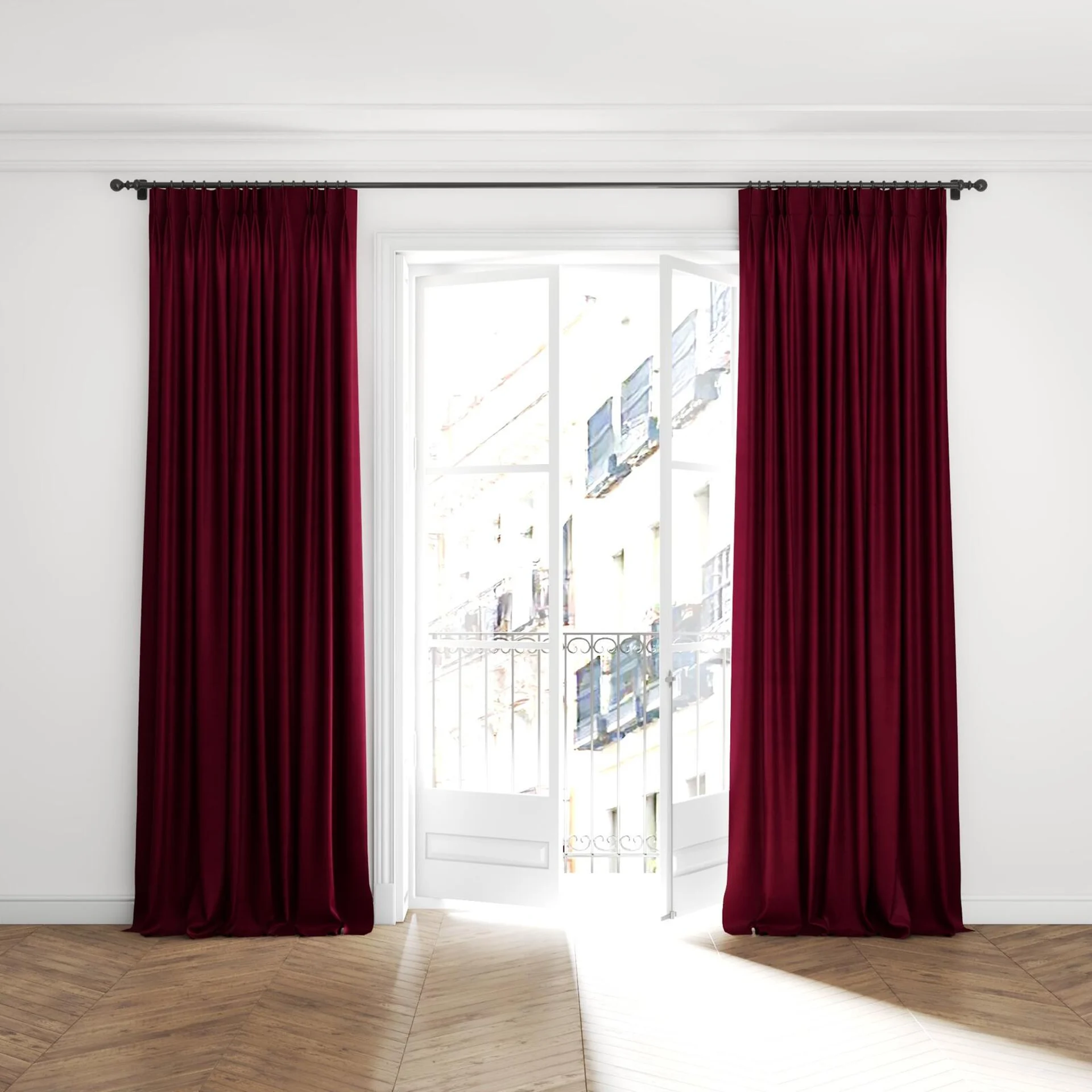 Full view of Baron Passion, puddled with pinch pleat, on curtain rod