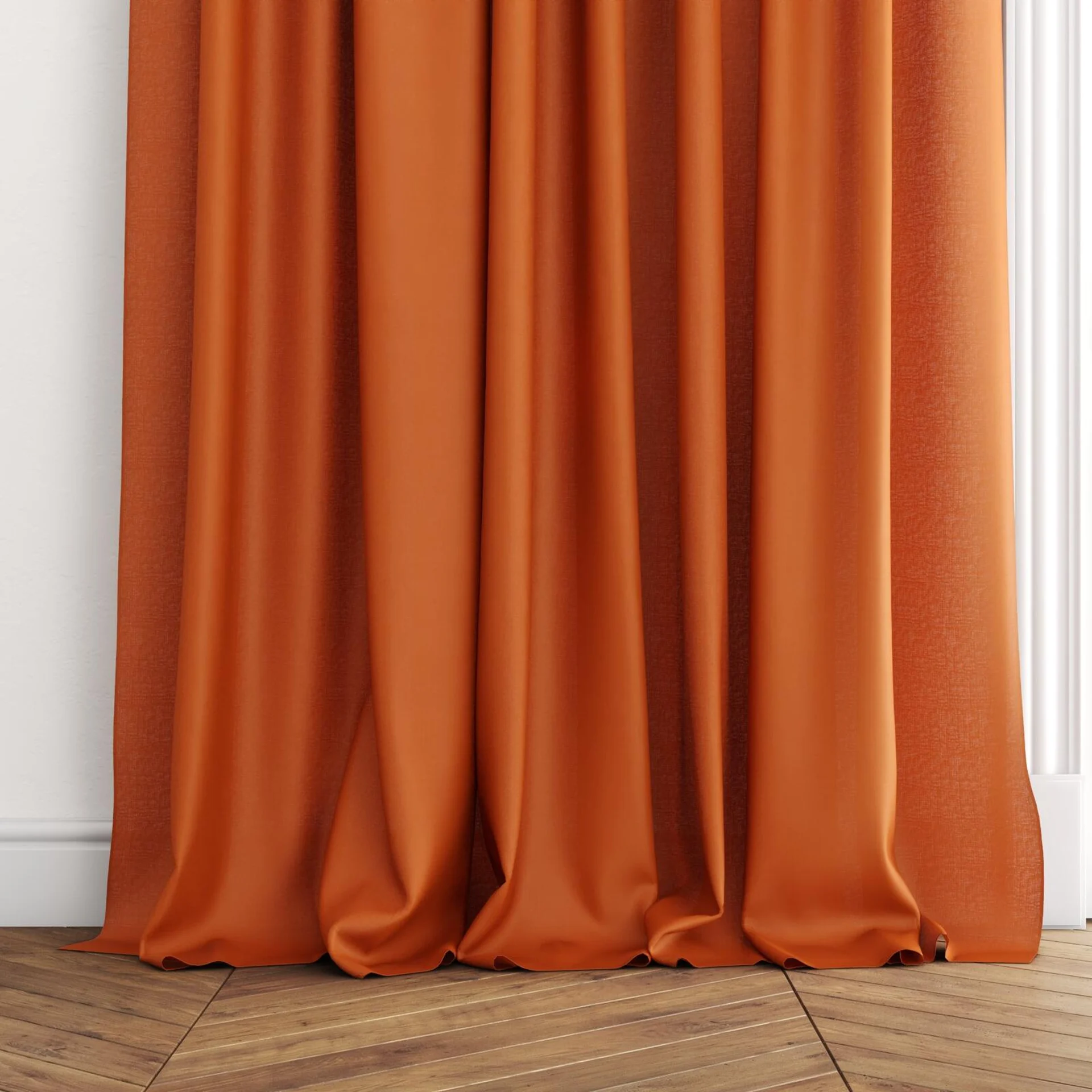 Bottom view of Gossy Sienna, puddled with pinch pleat, on curtain rod