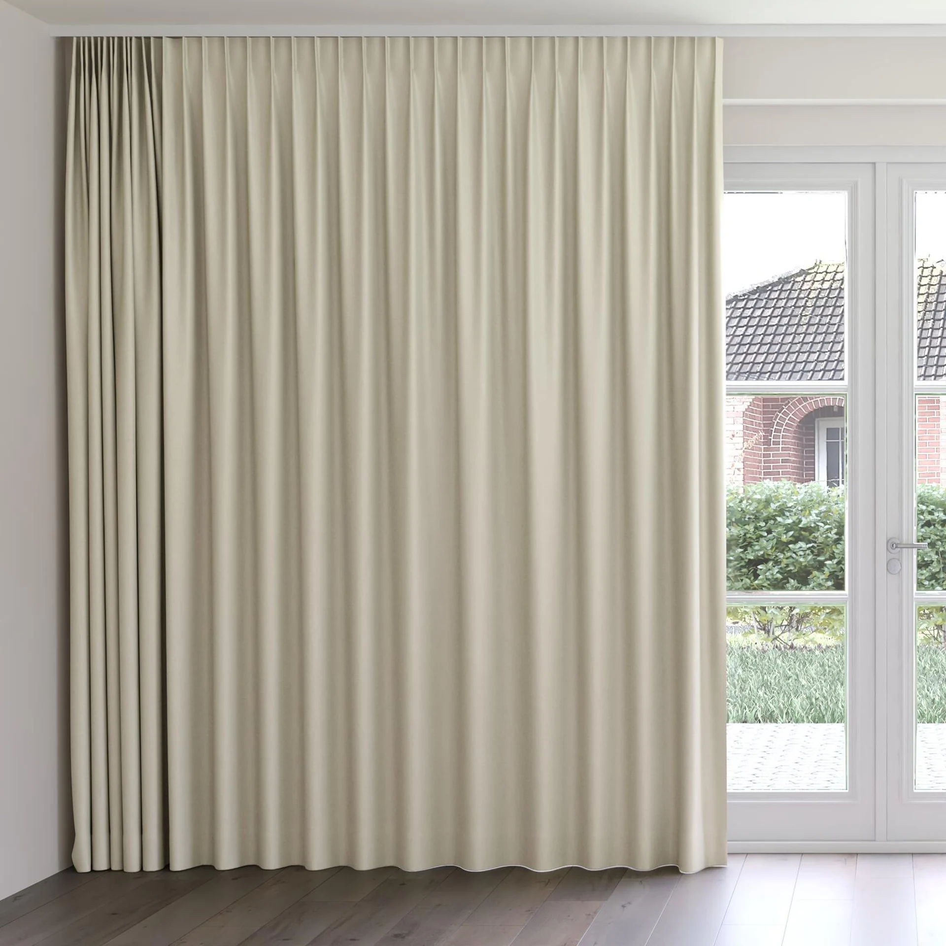 Front view of Grove Linen, on curtain rail