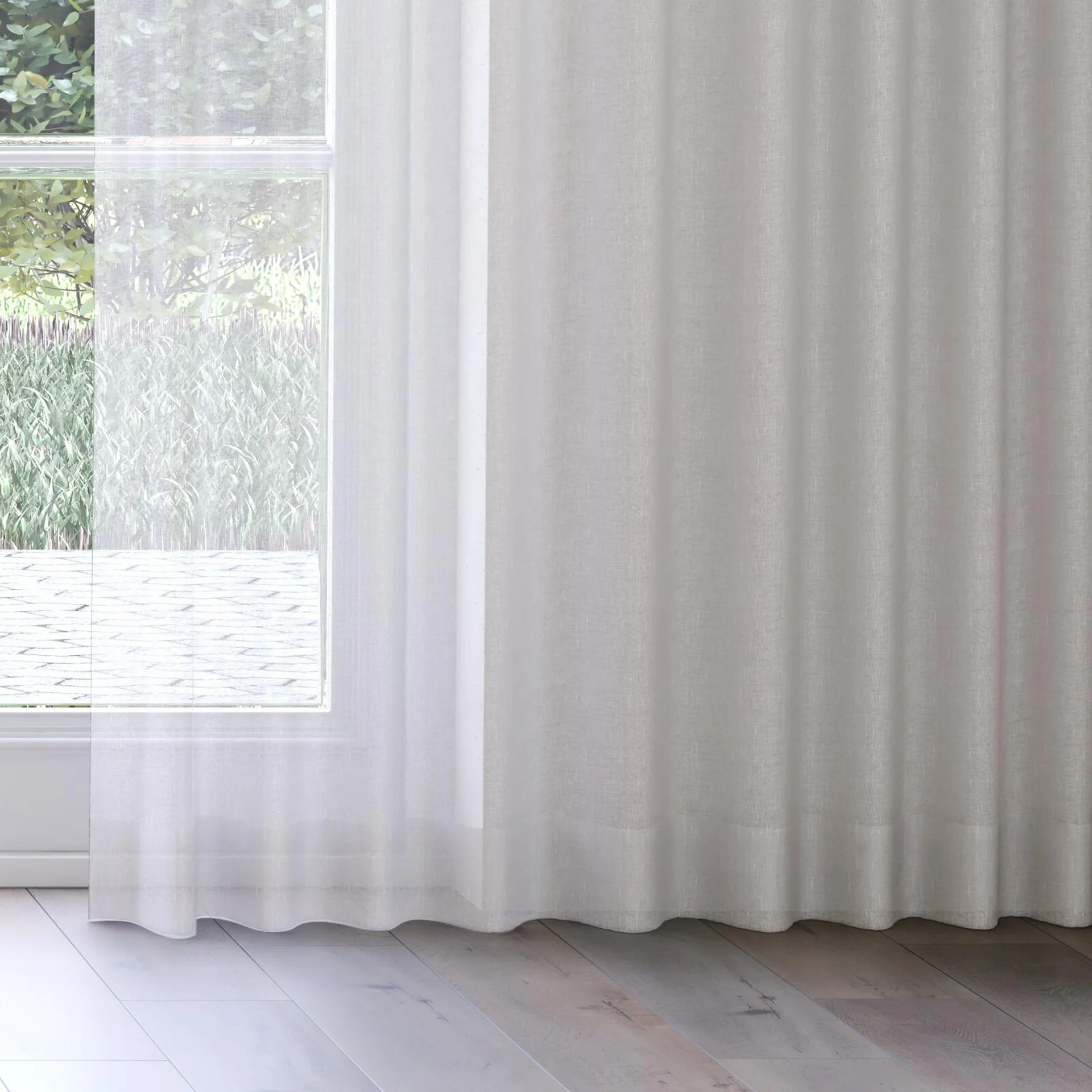 Bottom view of Enso Dove Grey, on curtain rail