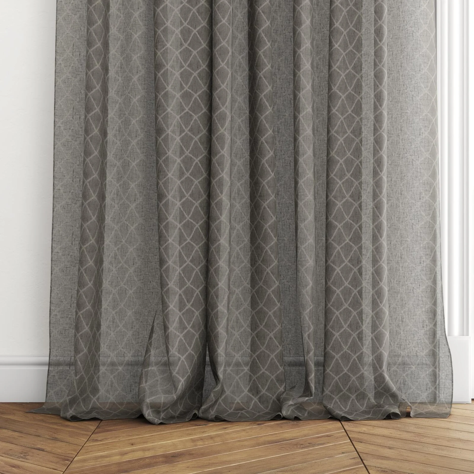 Bottom view of Marie Griffin, puddled with pinch pleat, on curtain rod