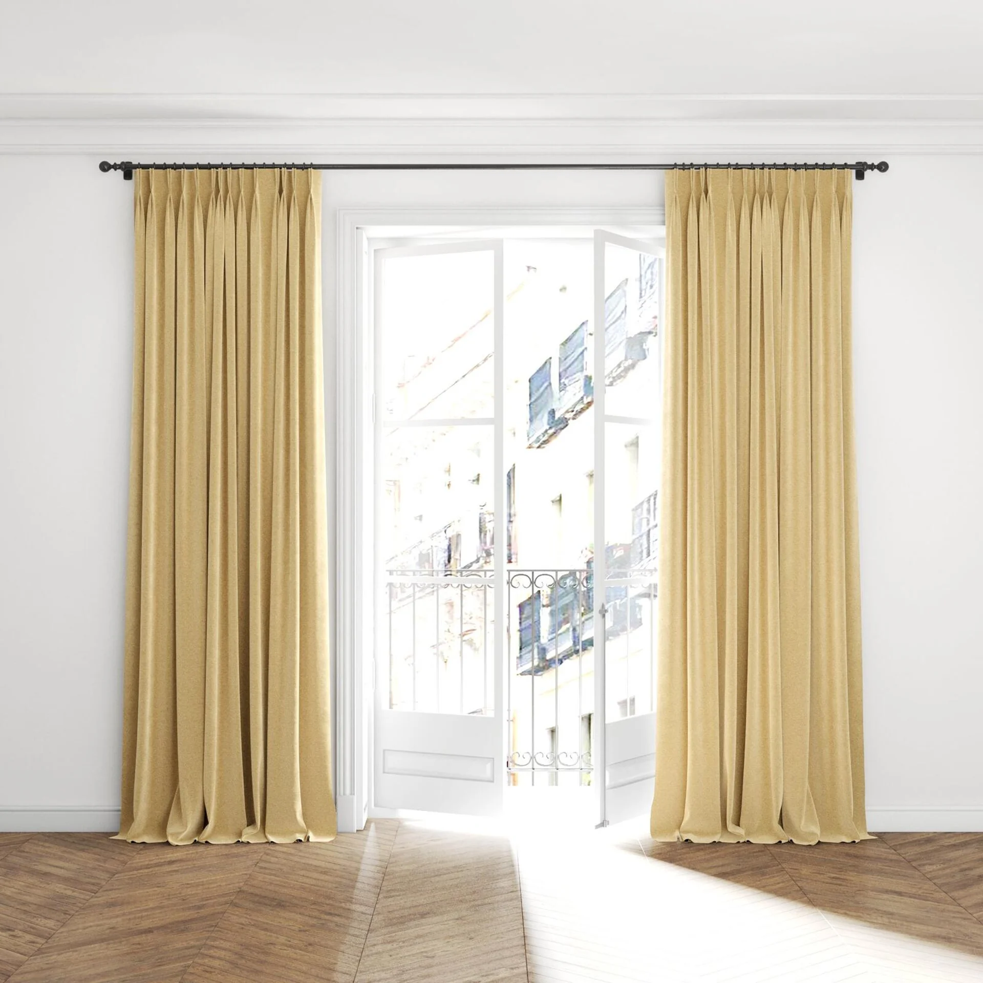 Full view of Geneva Dune, puddled with pinch pleat, on curtain rod
