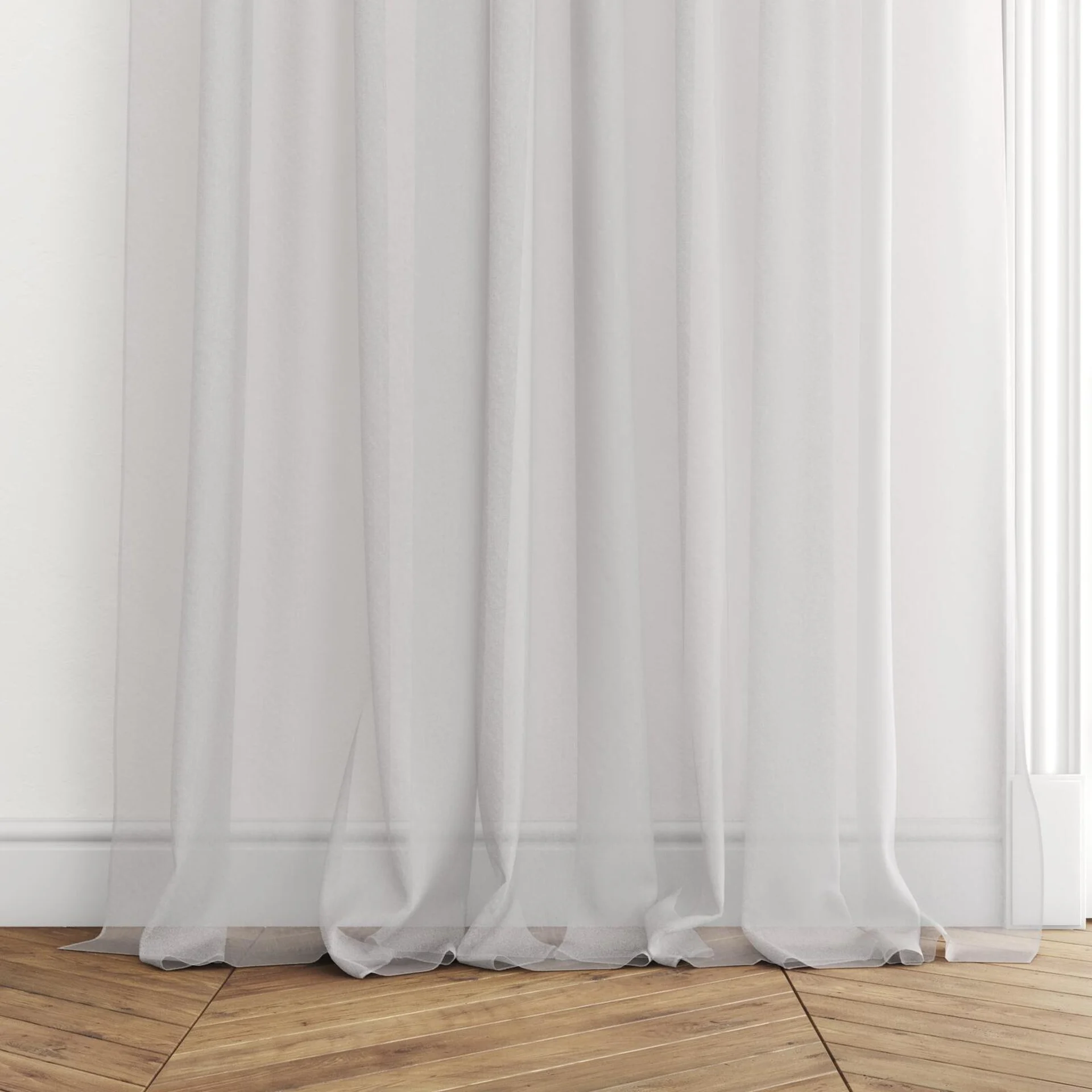 Bottom view of Selene String, puddled with pinch pleat, on curtain rod
