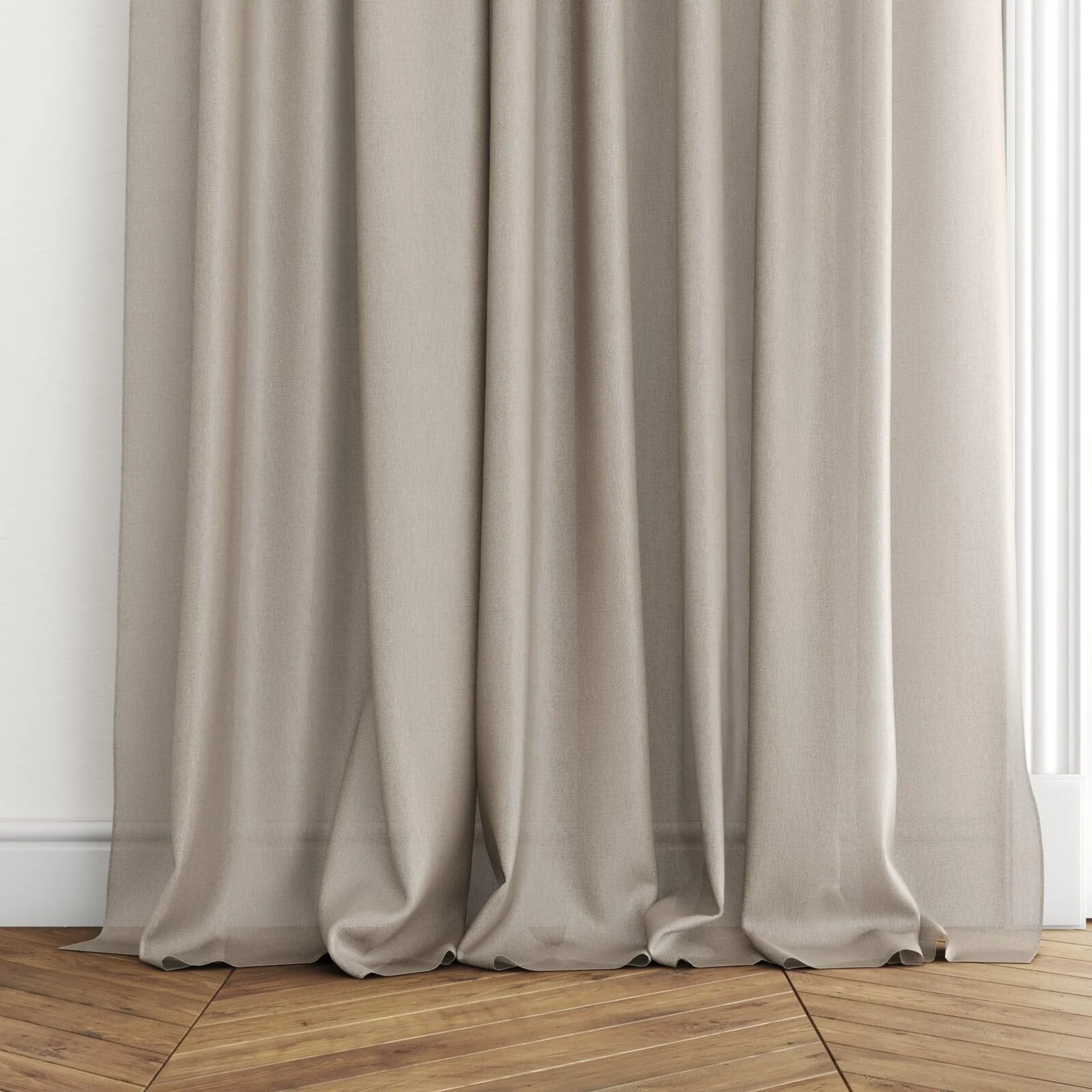 Bottom view of Jermian Linen, puddled with pinch pleat, on curtain rod