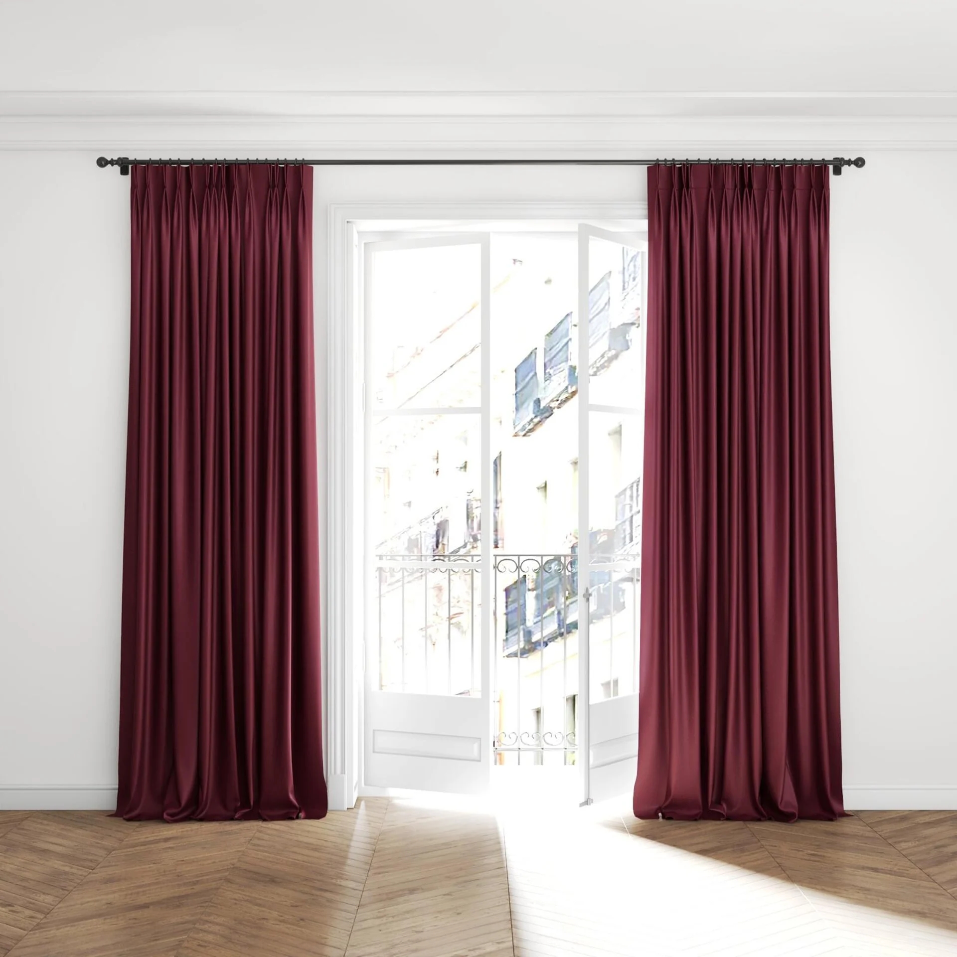 Full view of Recharge Peony, puddled with pinch pleat, on curtain rod