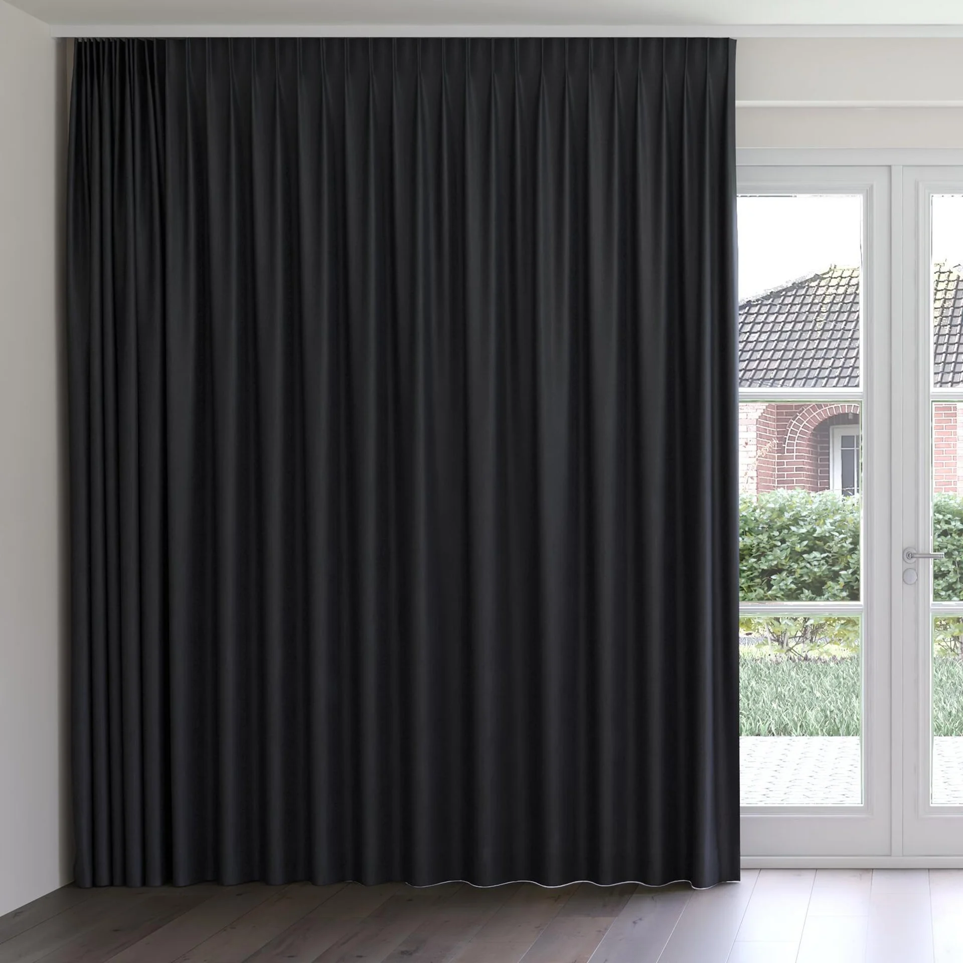 Front view of Retreat Blackout Midnight, on curtain rail