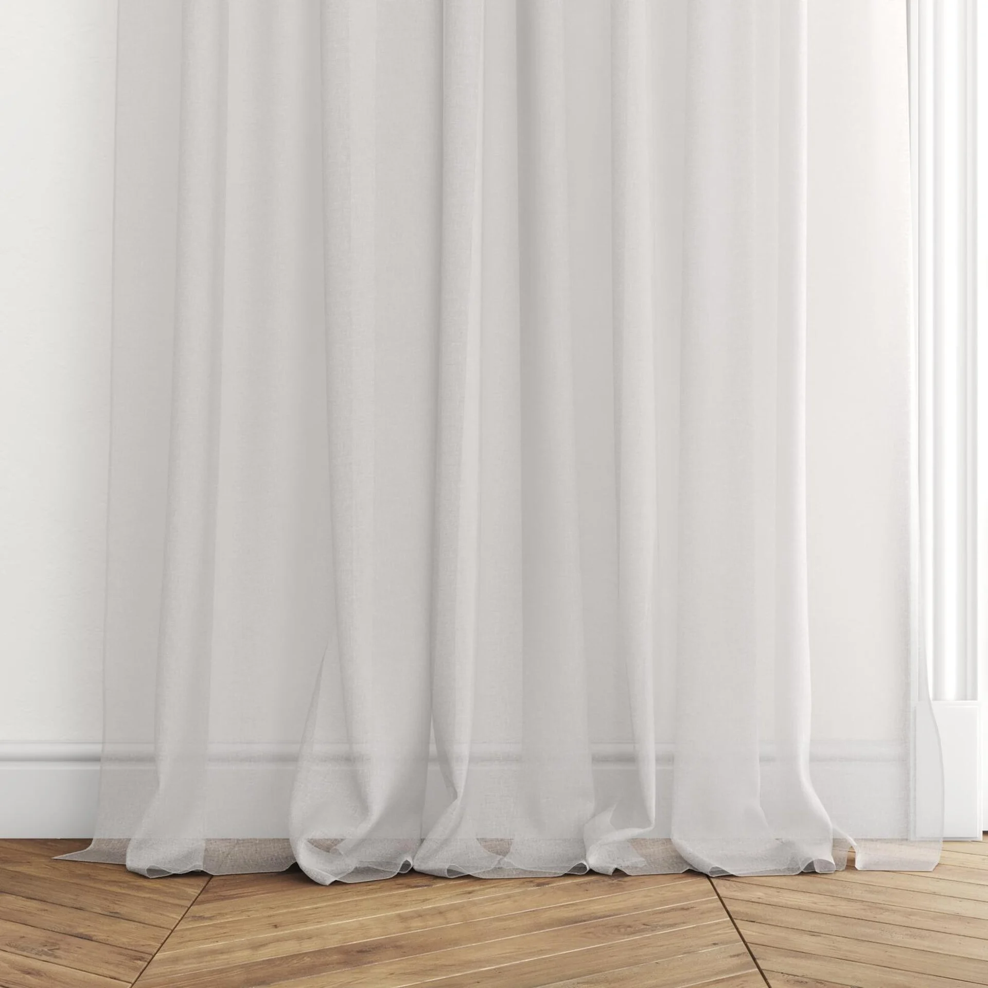 Bottom view of Graceful Snow, puddled with pinch pleat, on curtain rod