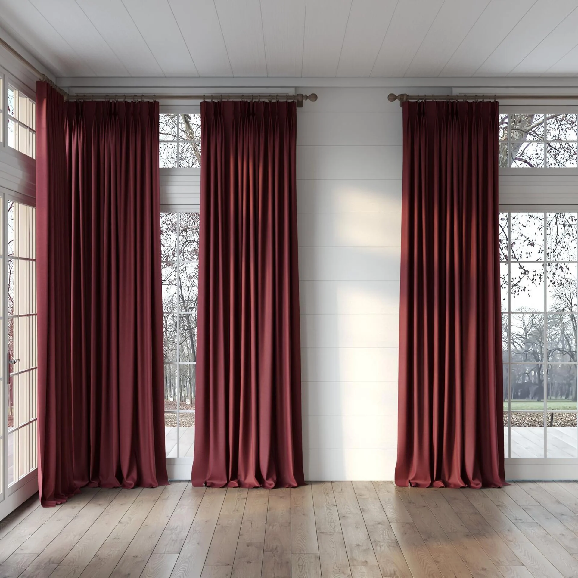 Full view of Bravo Beaujolais, puddled, on curtain rod