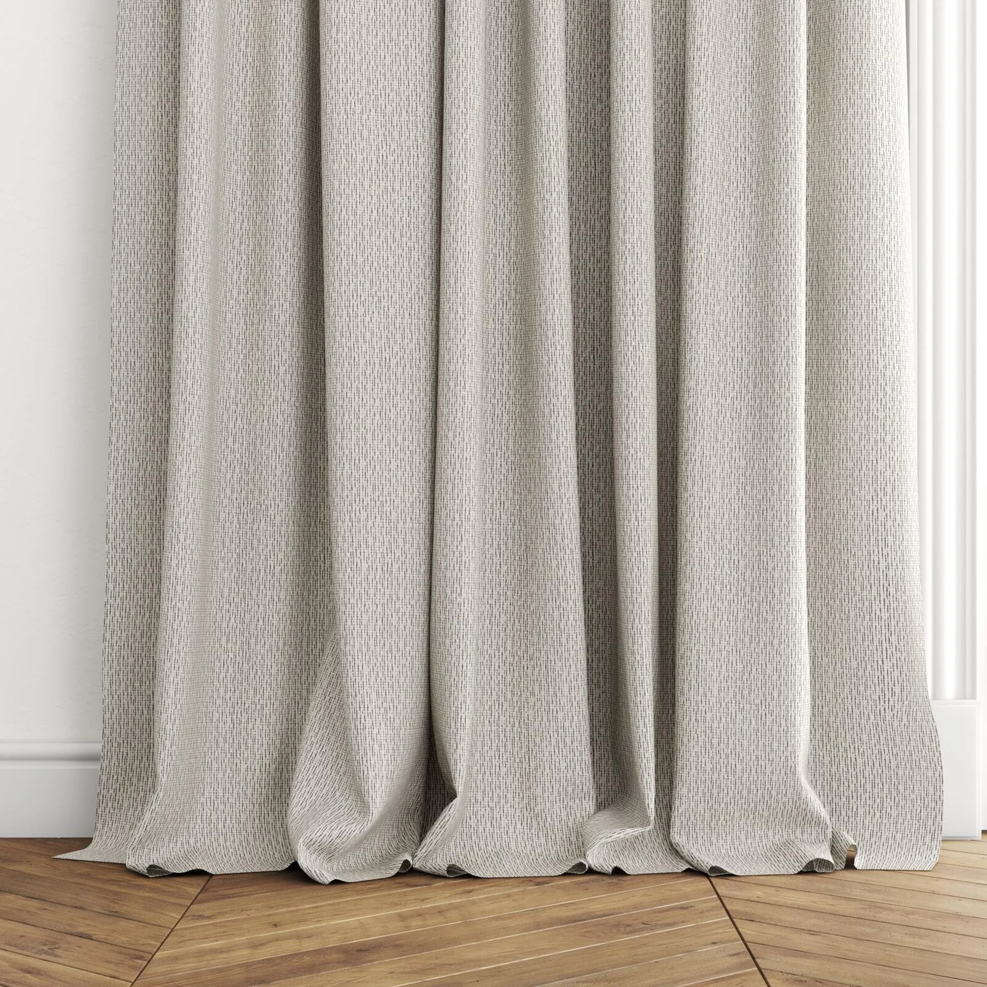 Bottom view of Semblance Gilt, puddled with pinch pleat, on curtain rod