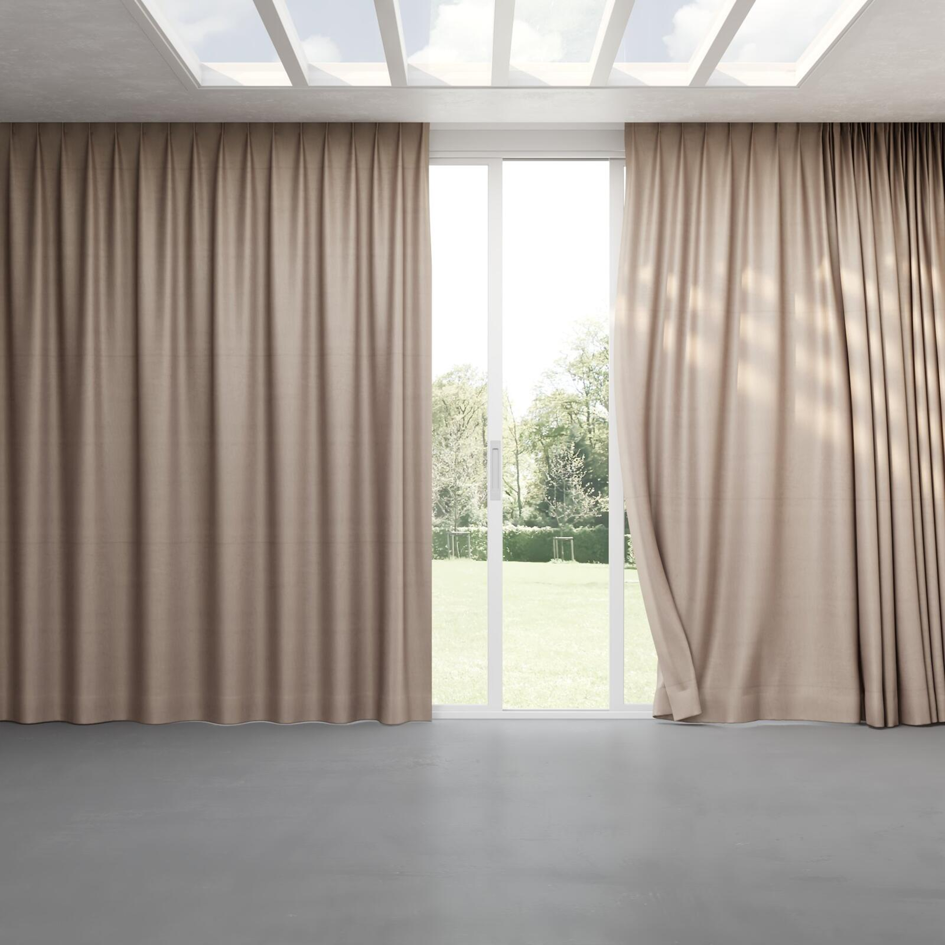 Full view of Warlock Taupe, pinch pleat