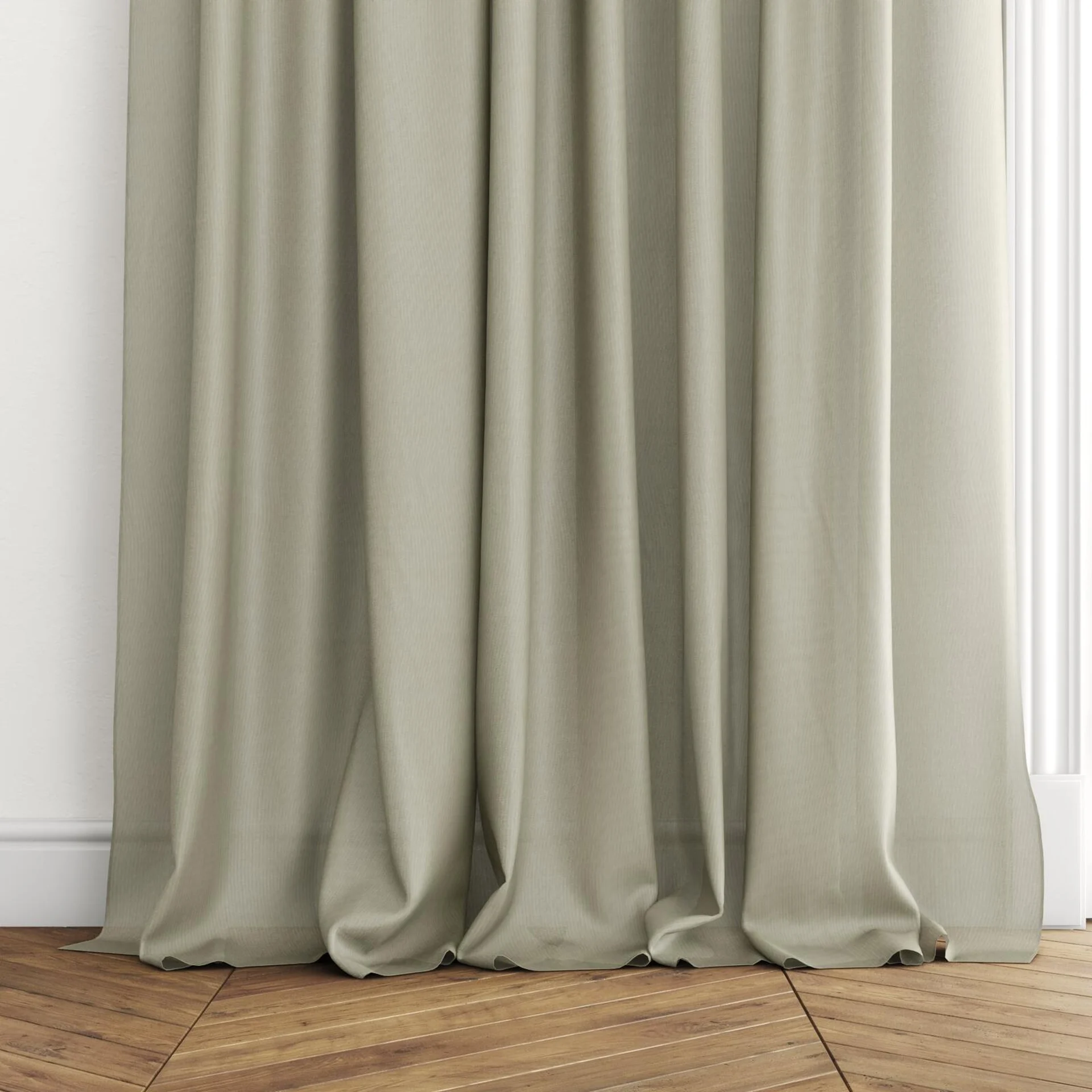 Bottom view of Jaba Linden, puddled with pinch pleat, on curtain rod