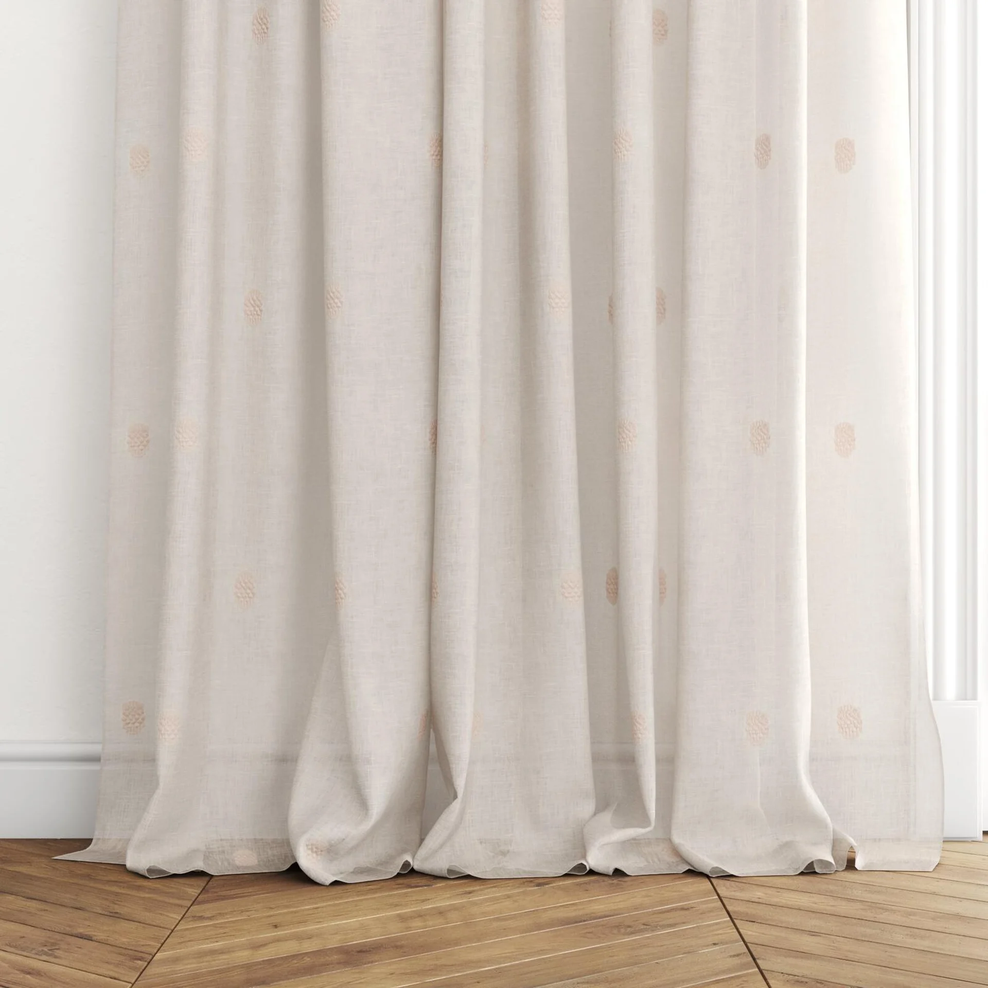 Bottom view of Gentle Petal, puddled with pinch pleat, on curtain rod