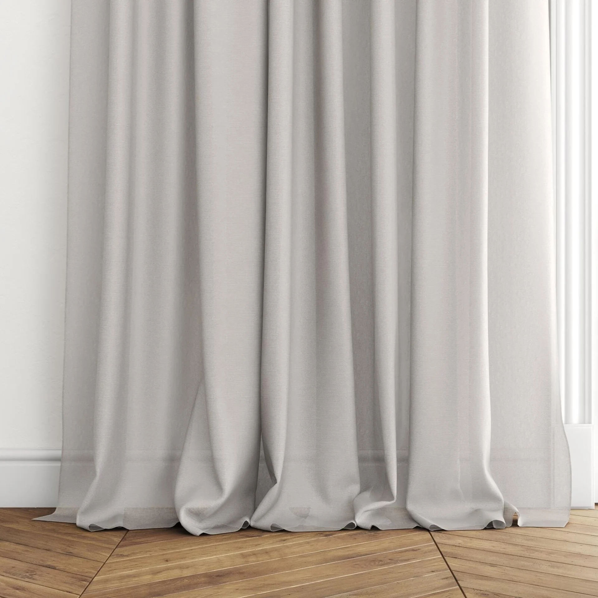 Bottom view of Alcova Cloud, puddled with pinch pleat, on curtain rod