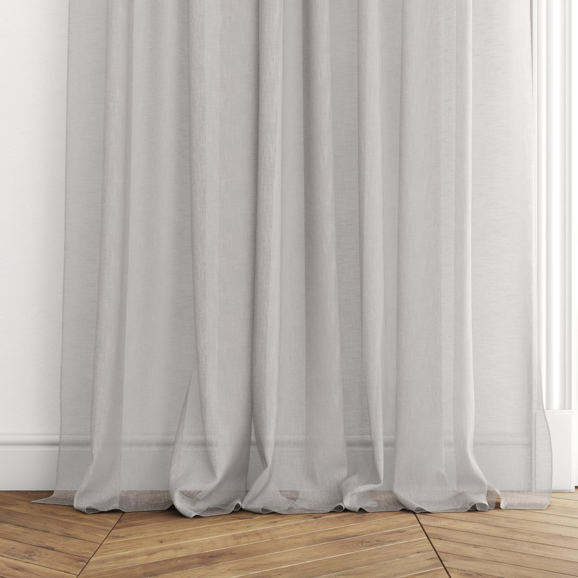 Bottom view of Natura Recycled Silt, puddled with pinch pleat, on curtain rod