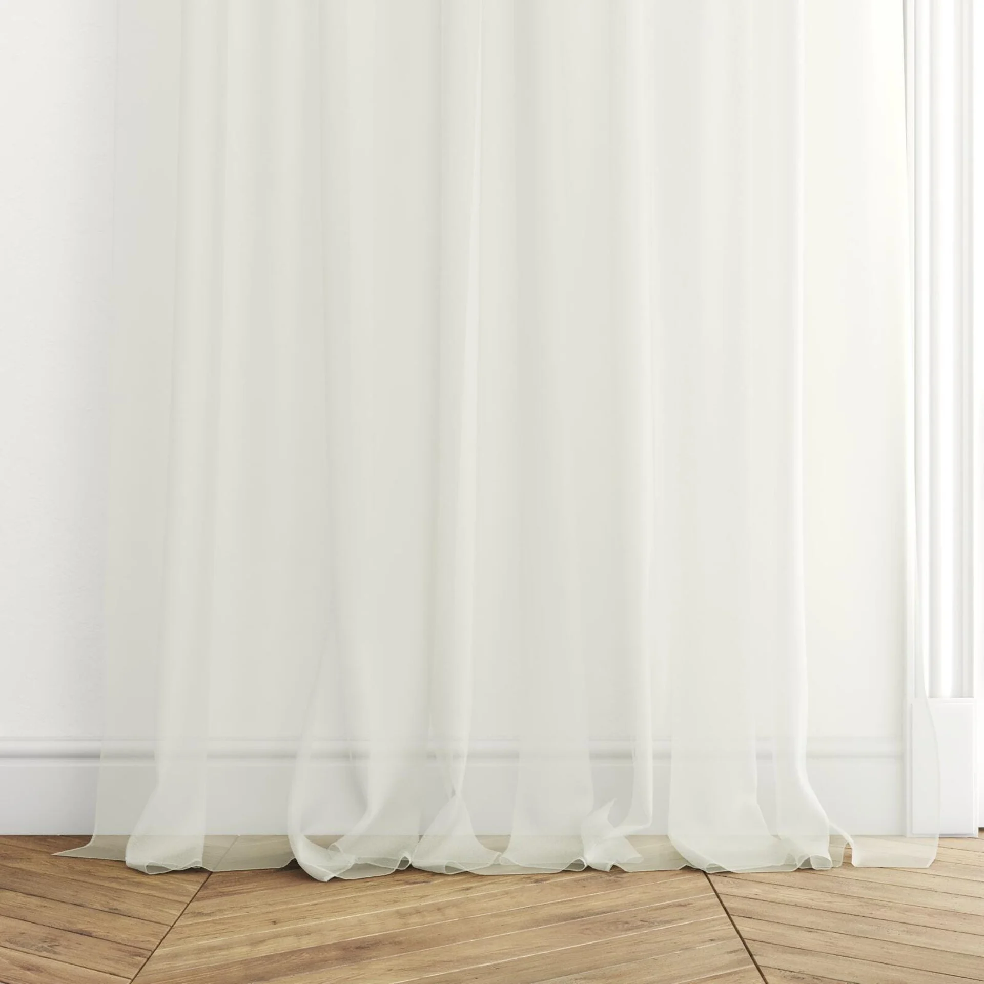 Bottom view of Xo Sesame, puddled with pinch pleat, on curtain rod