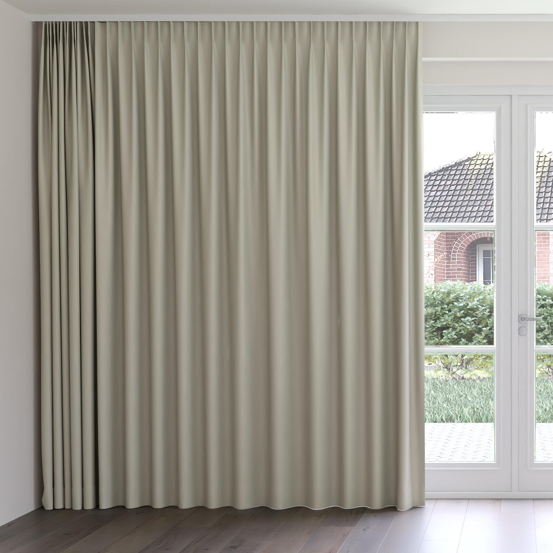 Front view of Ultra Dim Linen, on curtain rail