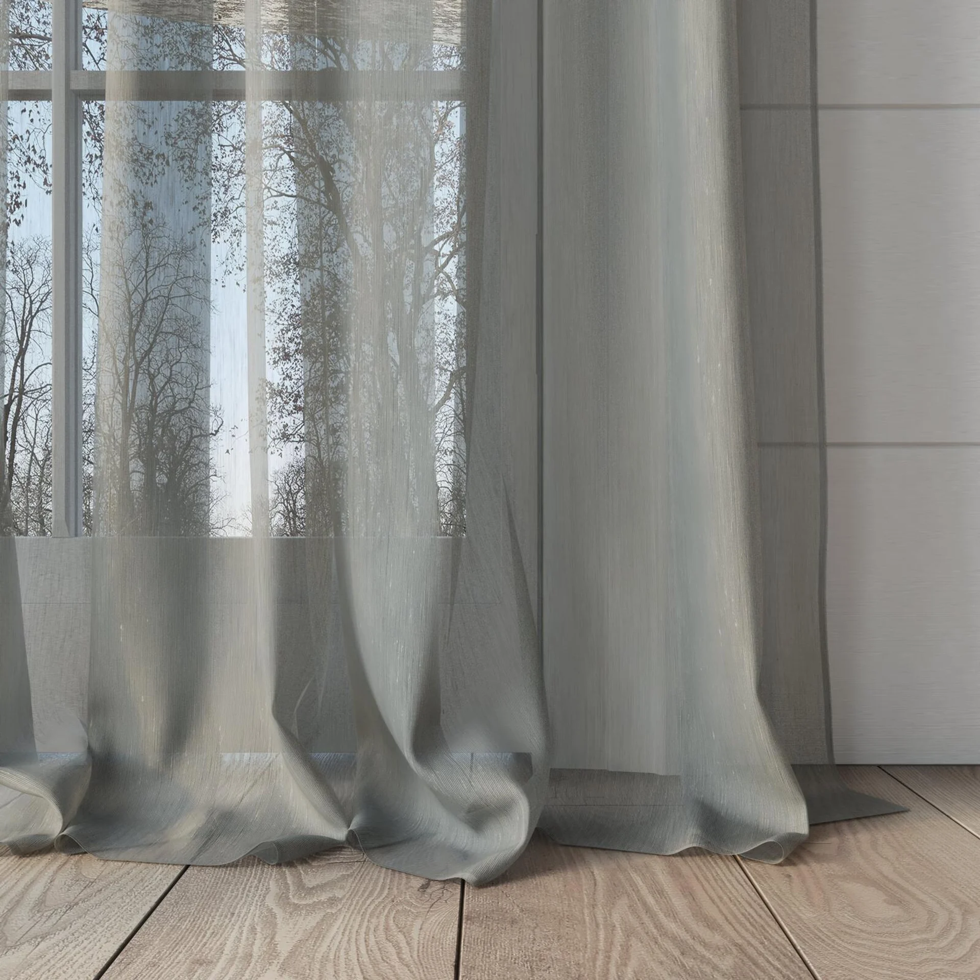 Bottom view of Aurora Fog, puddled, on curtain rod