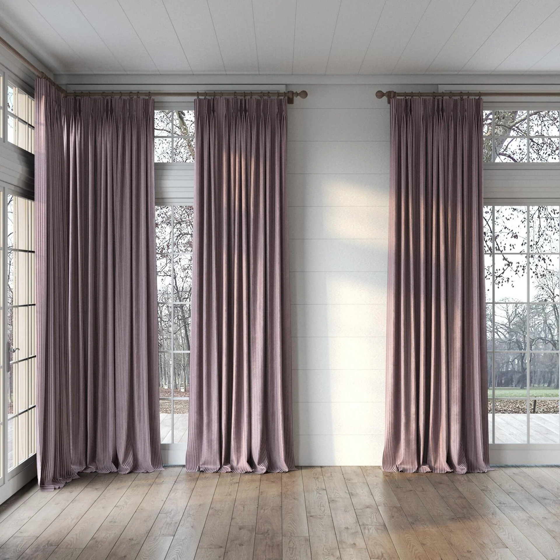 Full view of Embrace Plum, puddled, on curtain rod