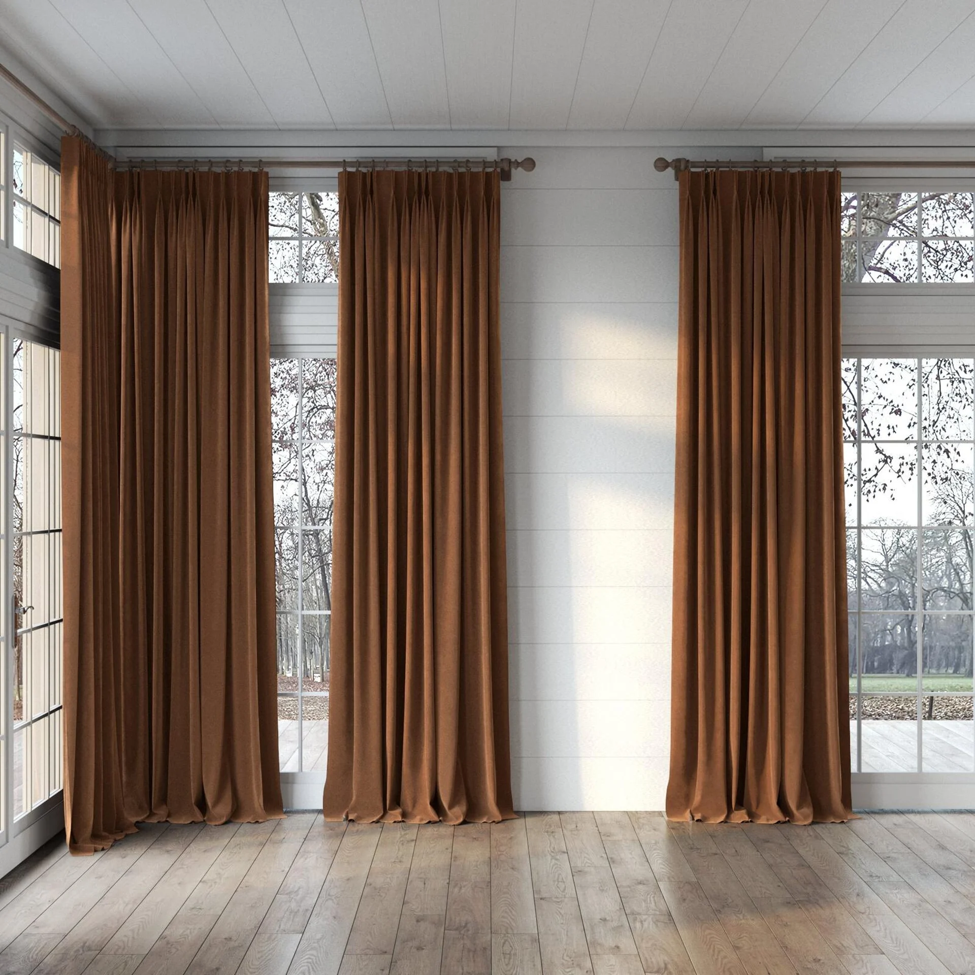 Full view of Lux Velvet Nut 8401, puddled, on curtain rod