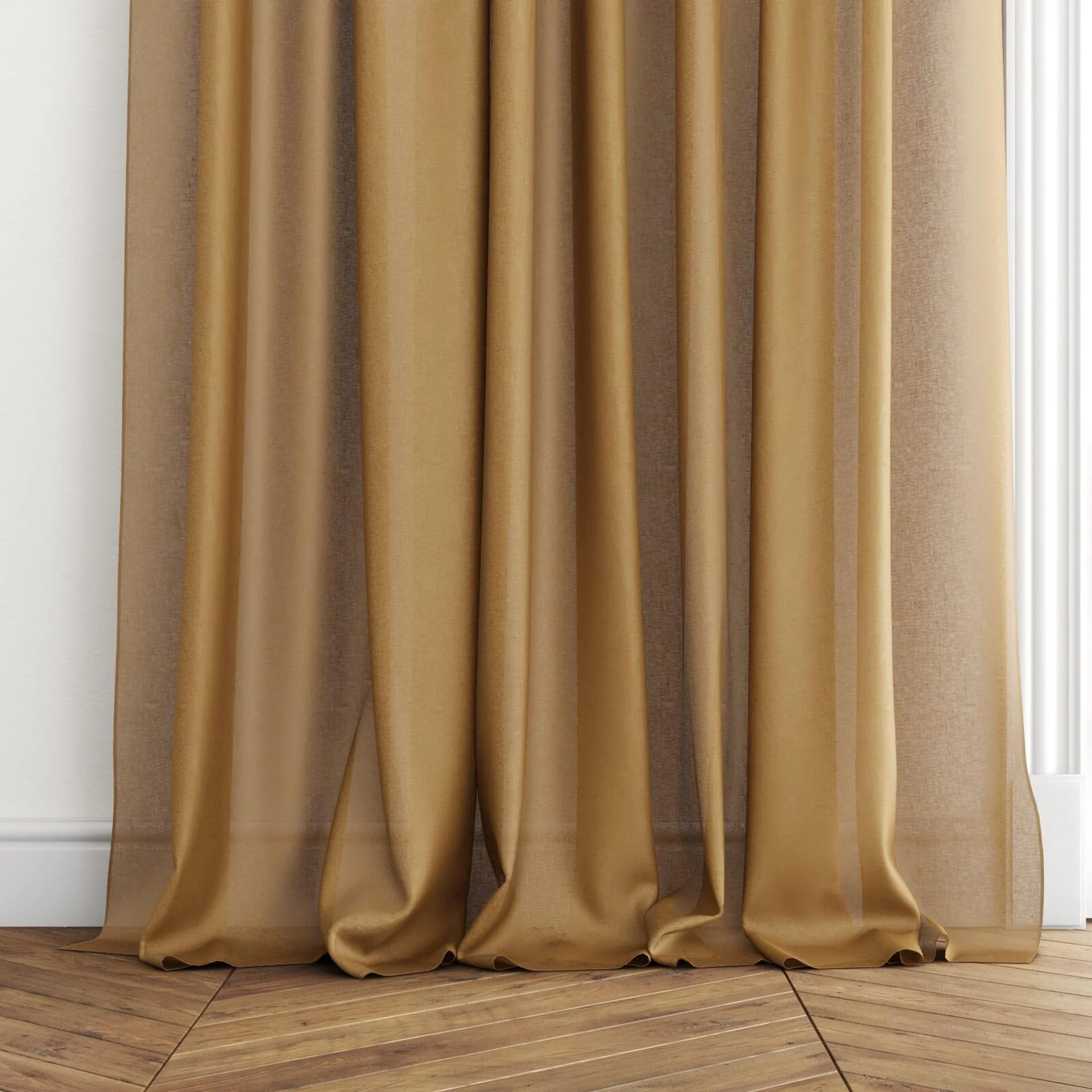 Bottom view of Kanji Russett, puddled with pinch pleat, on curtain rod