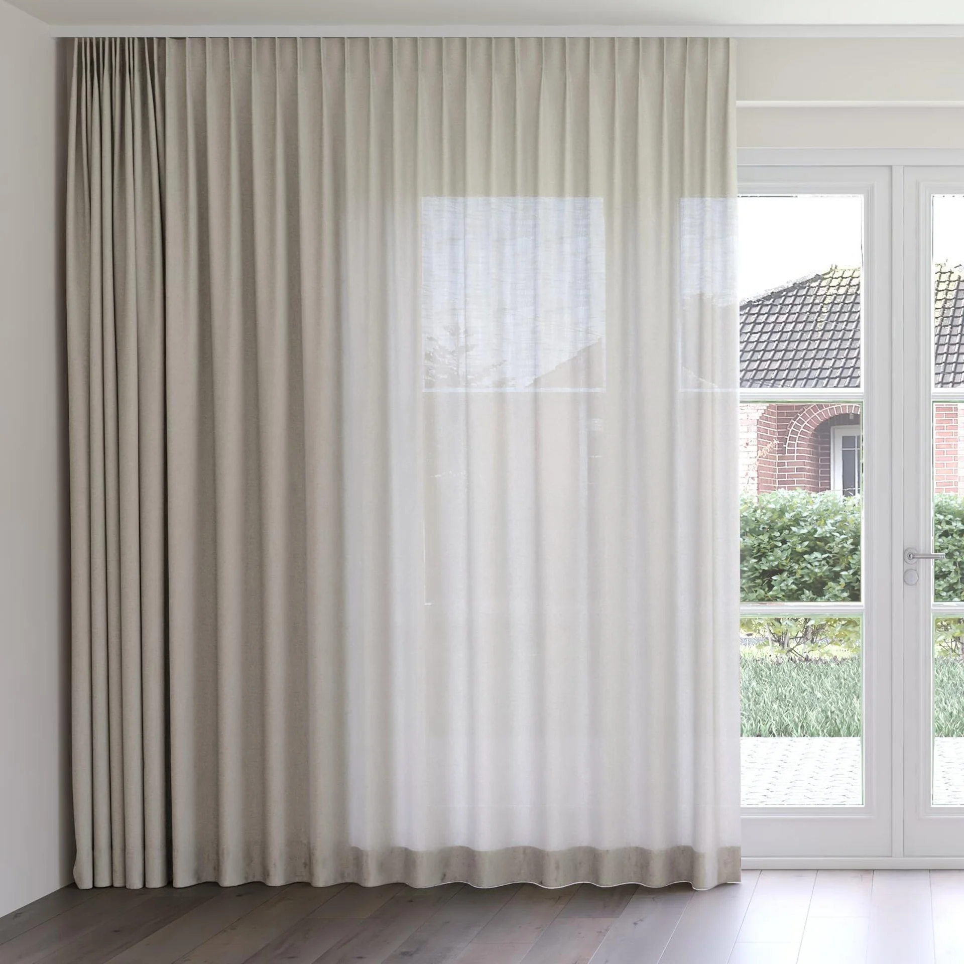 Front view of Envoy 2 Oatmeal 320cm, on curtain rail