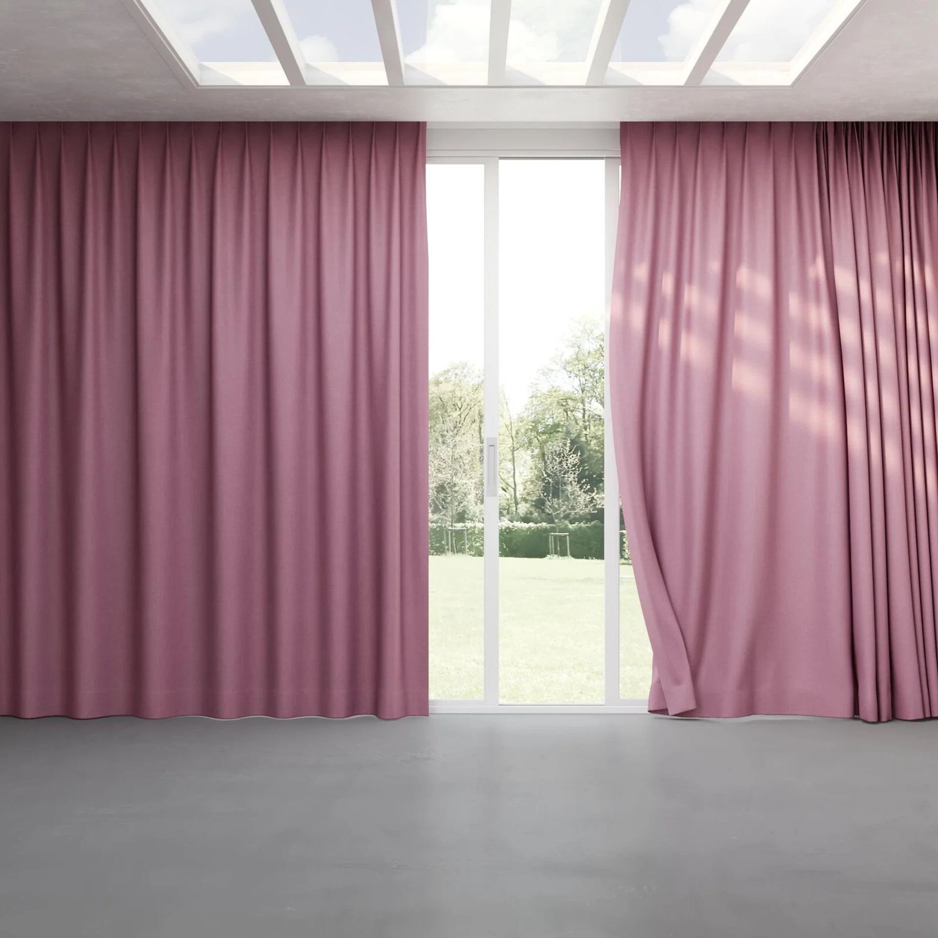 Full view of Cushy Orchid, pinch pleat