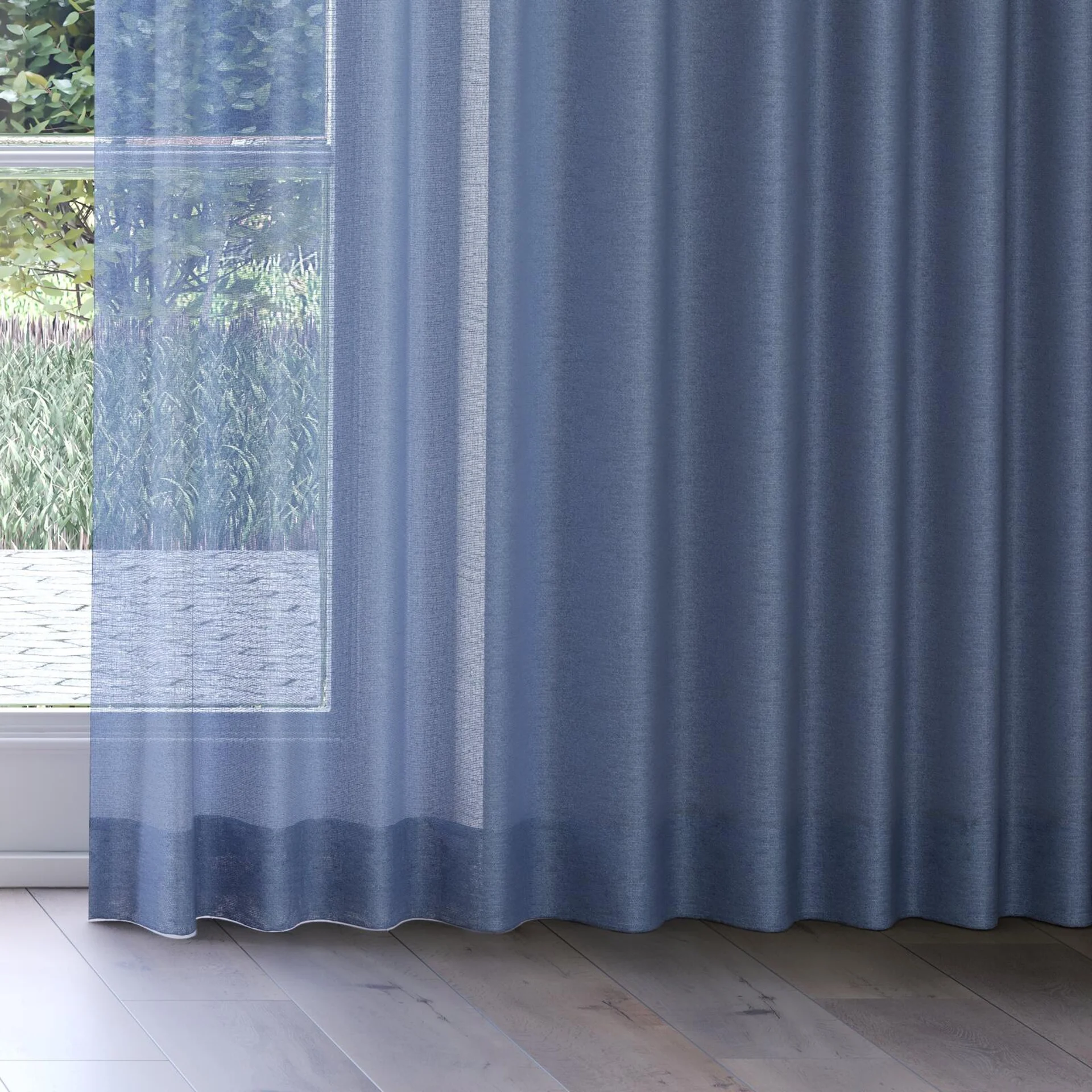 Bottom view of Focus Denim, on curtain rail