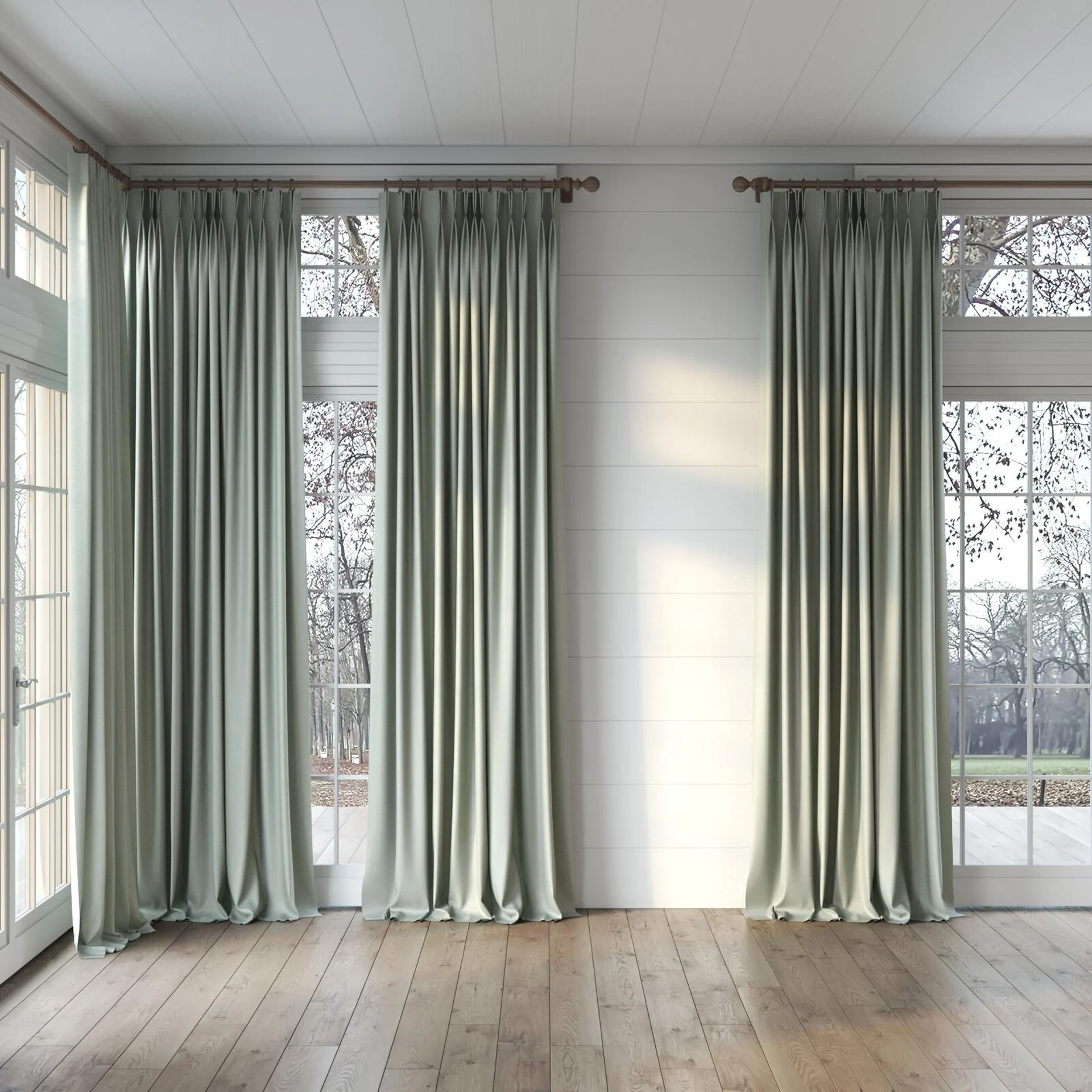 Full view of Eclipse Blackout Celadon, puddled, on curtain rod