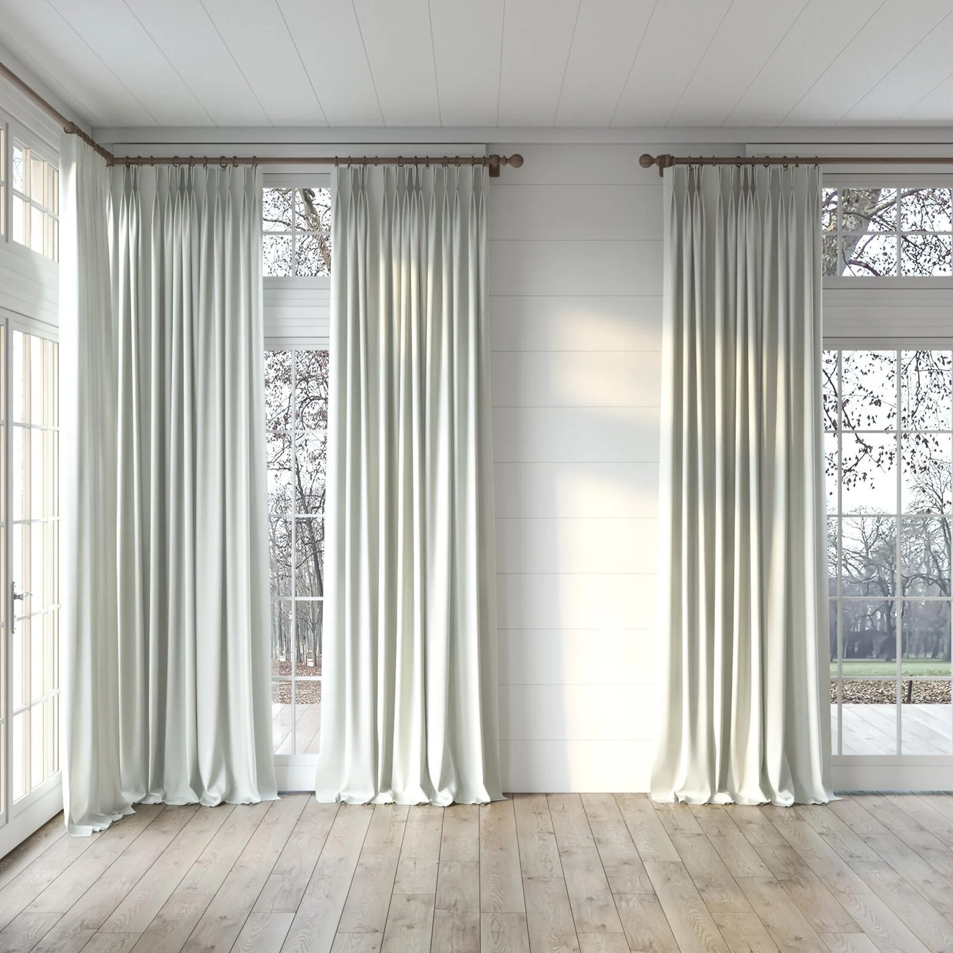 Full view of Retreat II Whisper, puddled, on curtain rod