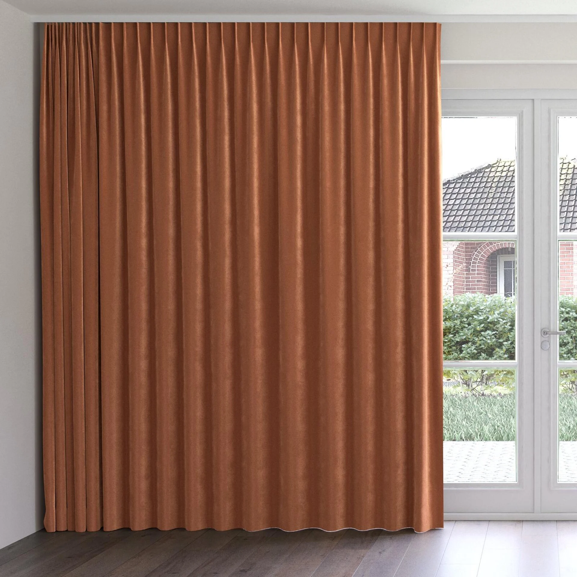 Front view of Velvelux Fox, on curtain rail