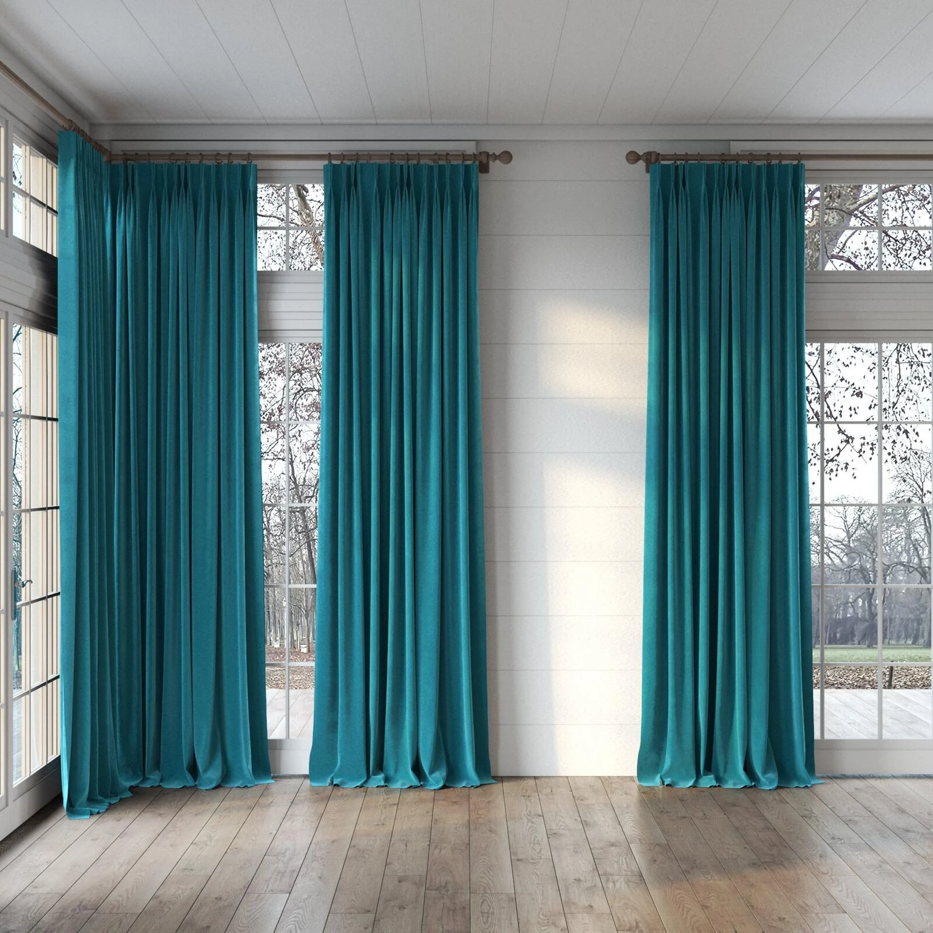 Full view of Moon Teal, puddled, on curtain rod