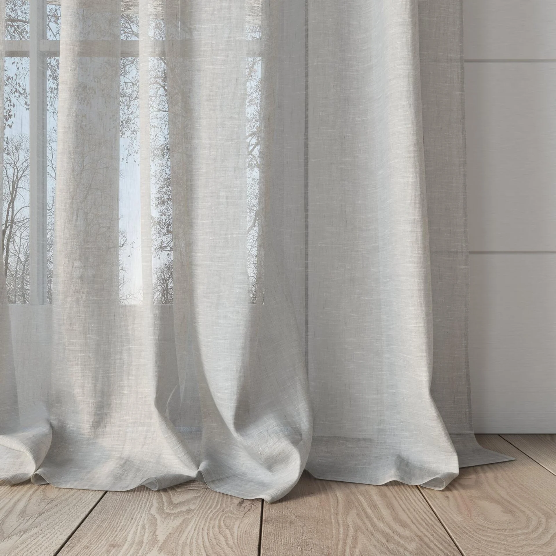 Bottom view of Lino Cloud, puddled, on curtain rod