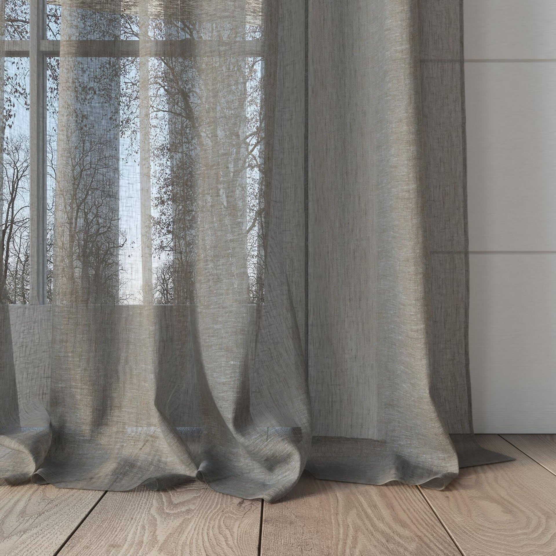 Bottom view of Pure Linen Falcon, puddled, on curtain rod