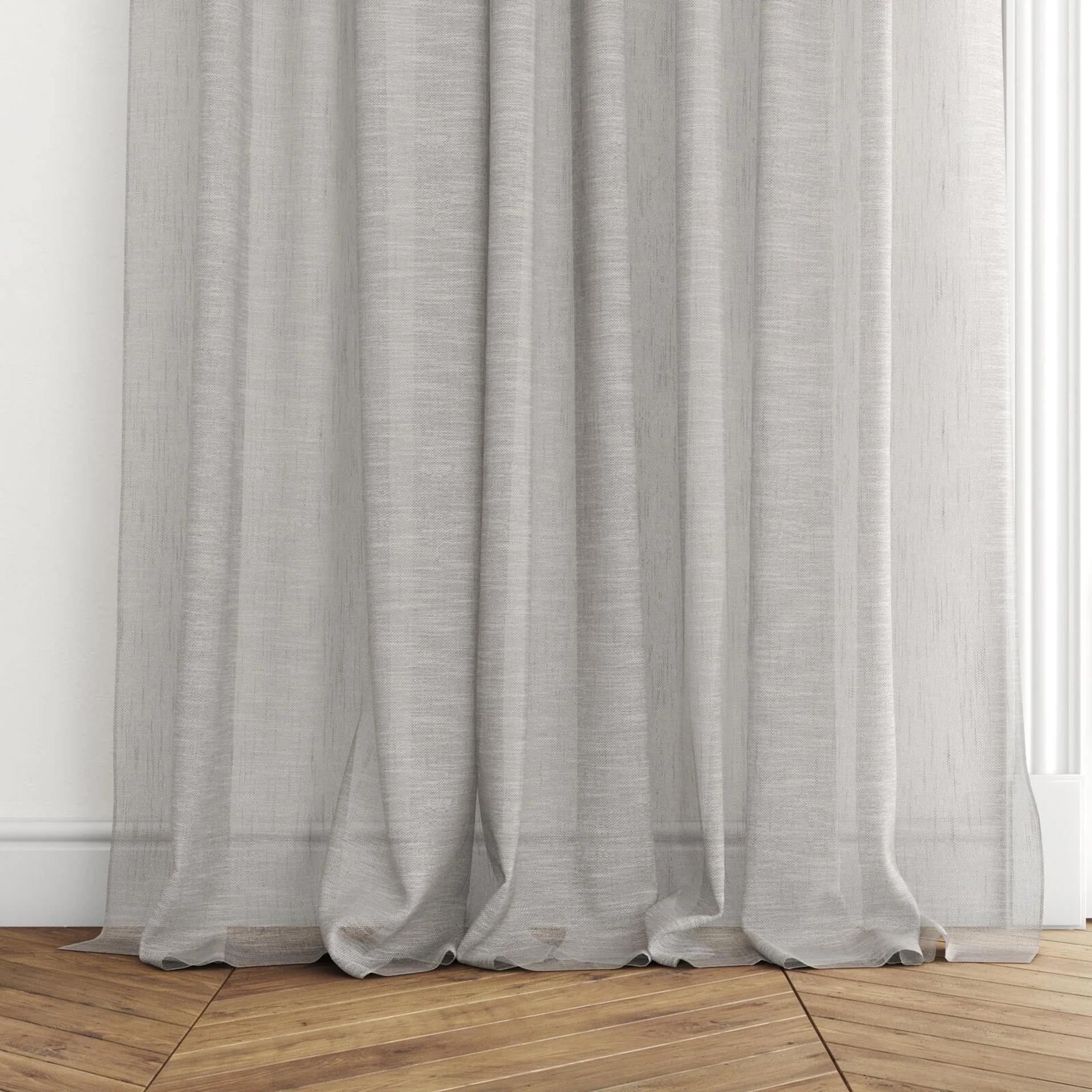 Bottom view of Drift Mineral, puddled with pinch pleat, on curtain rod