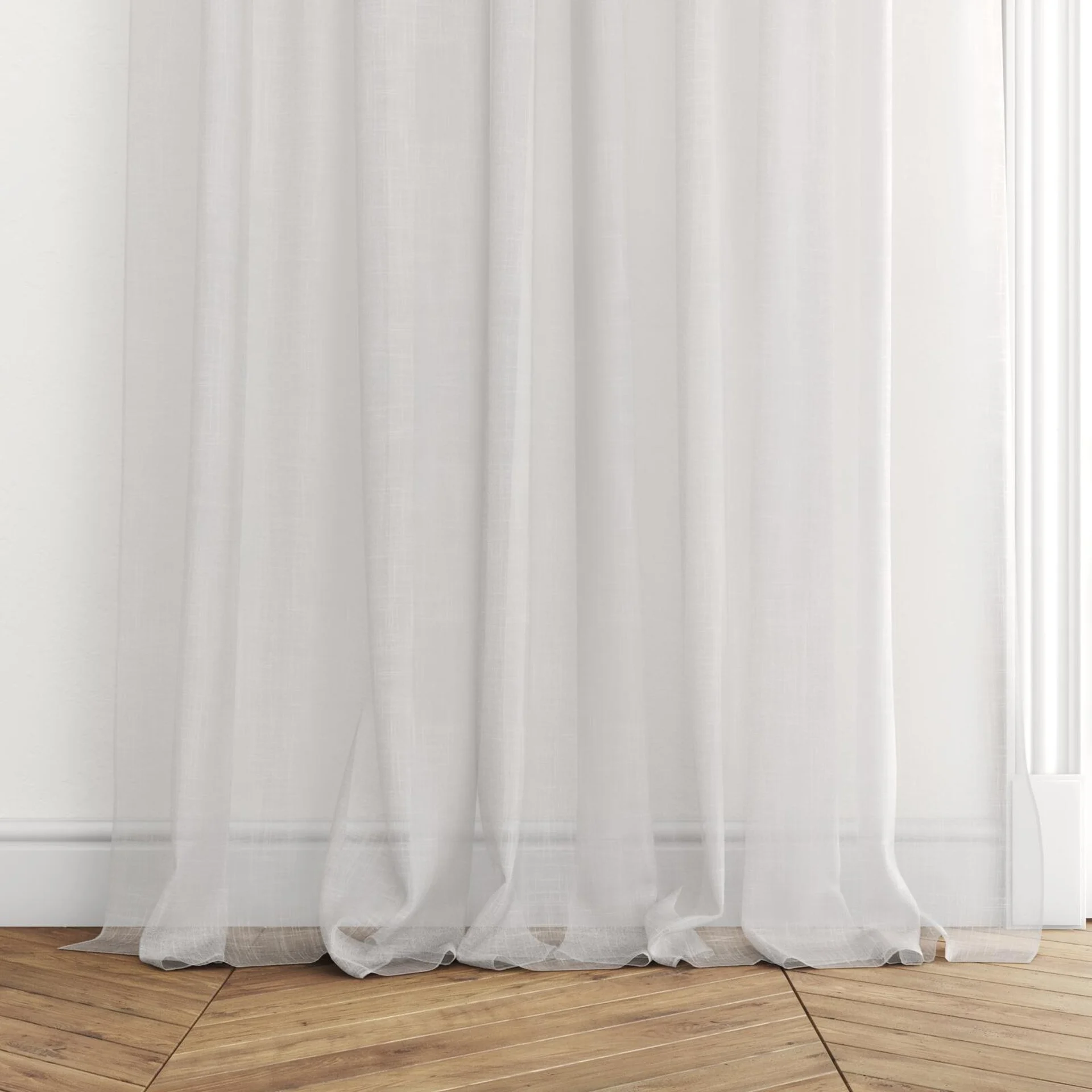 Bottom view of Attica Natural, puddled with pinch pleat, on curtain rod