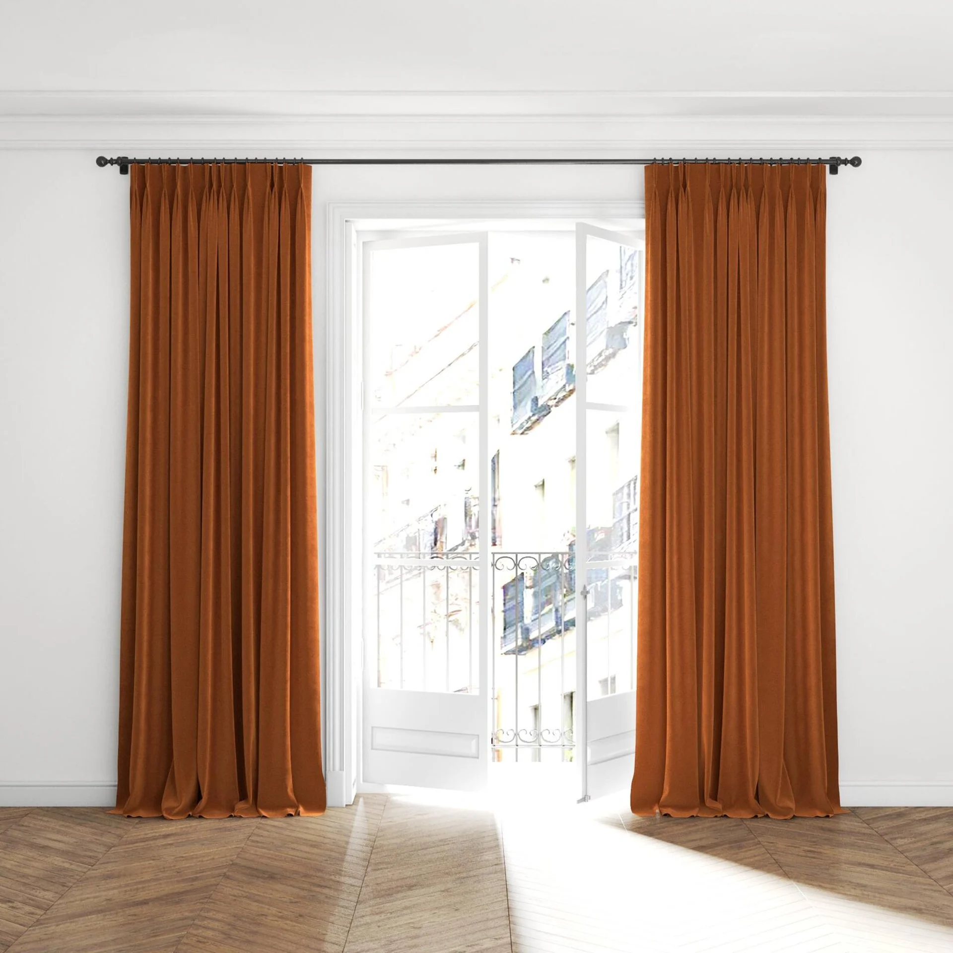 Full view of Verbier Chili, puddled with pinch pleat, on curtain rod