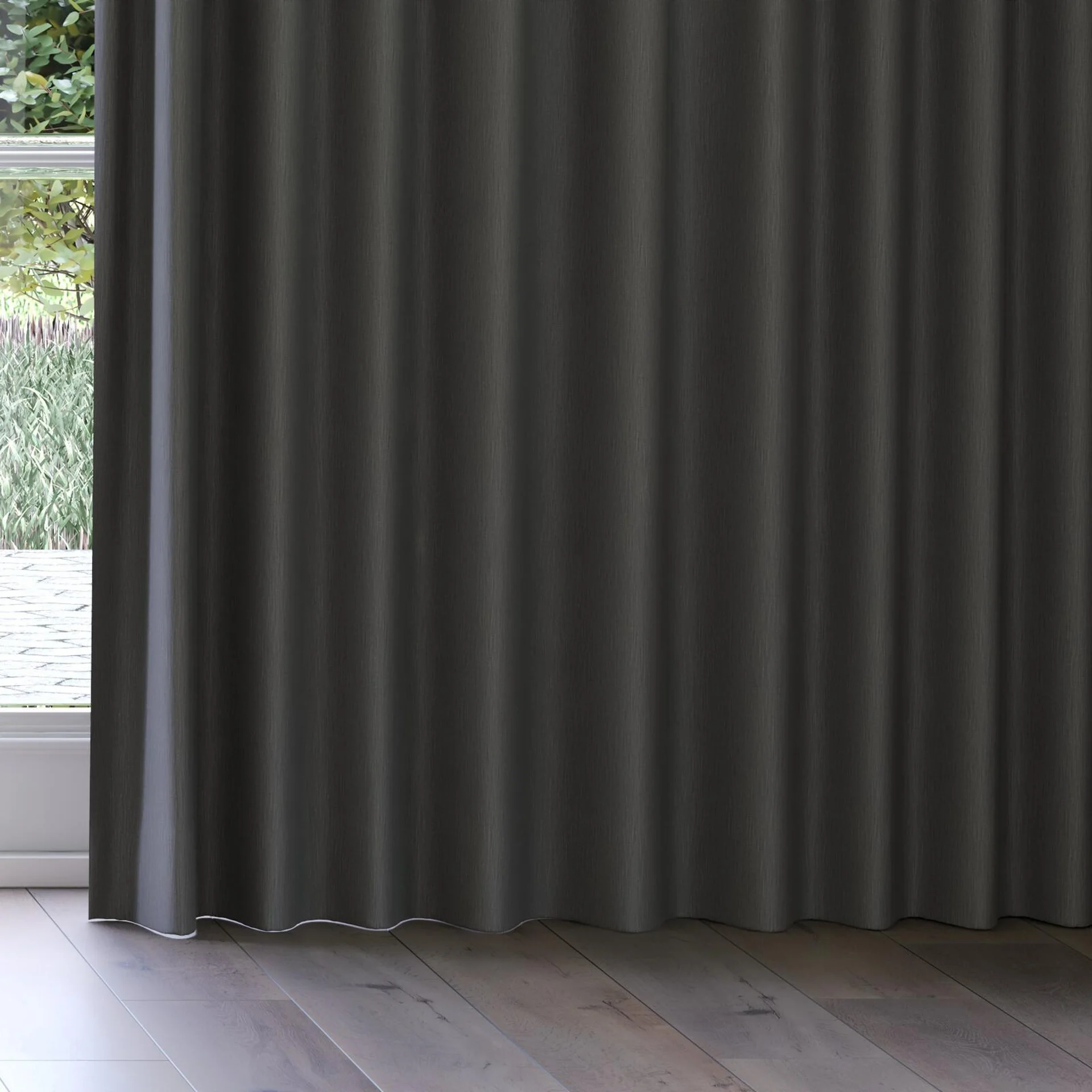 Bottom view of Tuxedo Charcoal, on curtain rail
