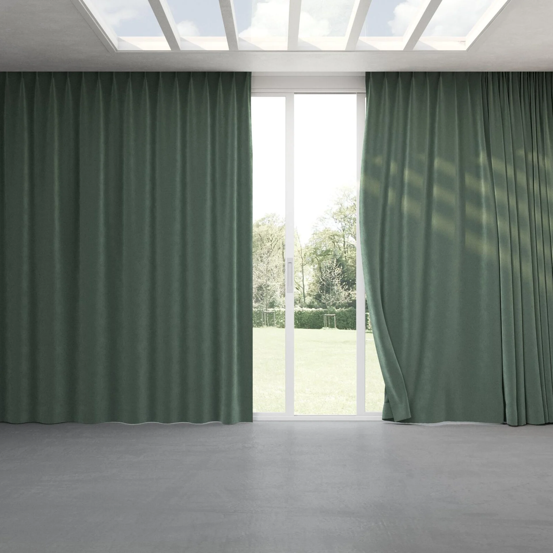 Full view of Vienna Teal, pinch pleat